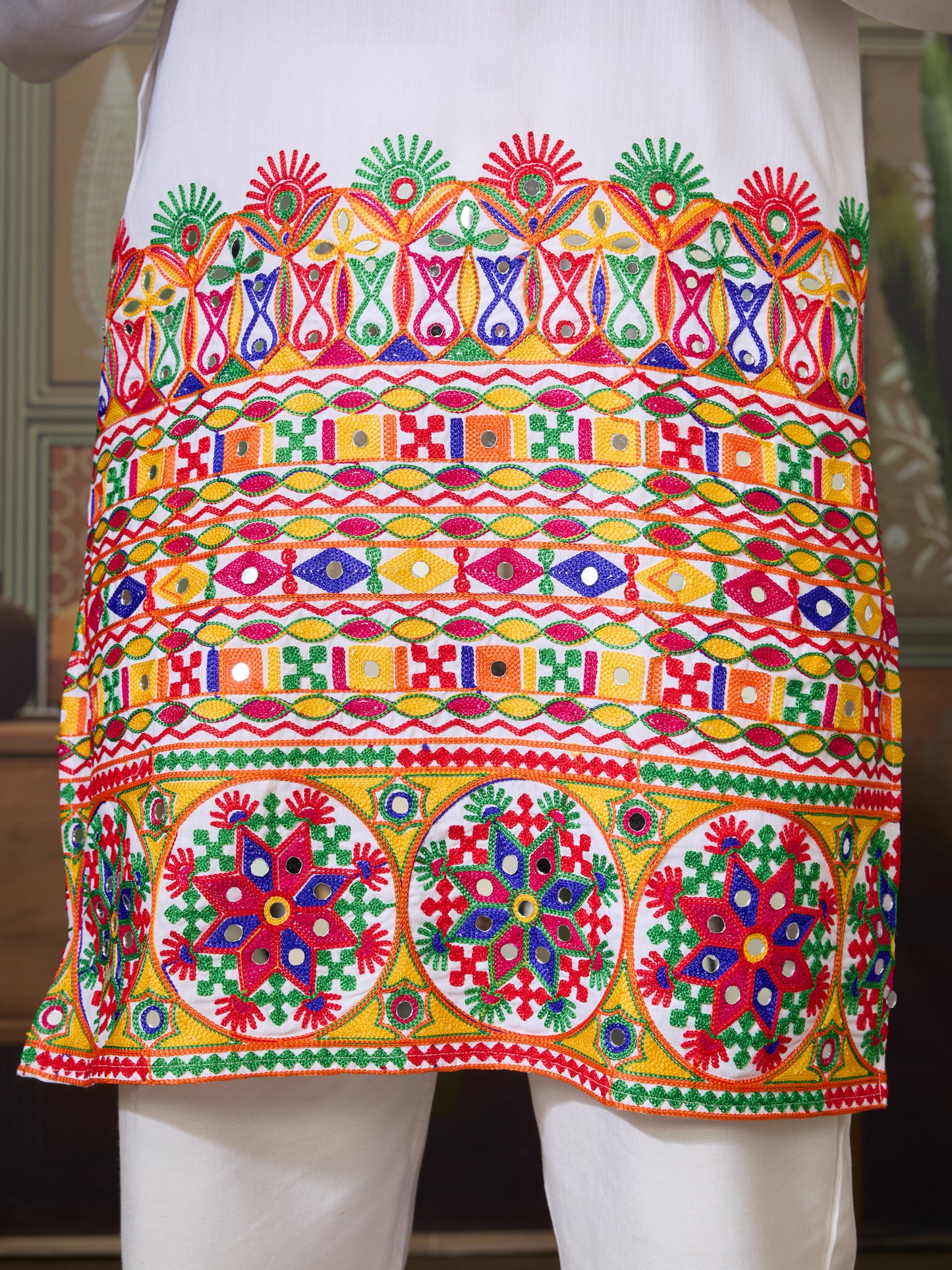 White Embroidered Gujarati Mirror Work Kurta for Men