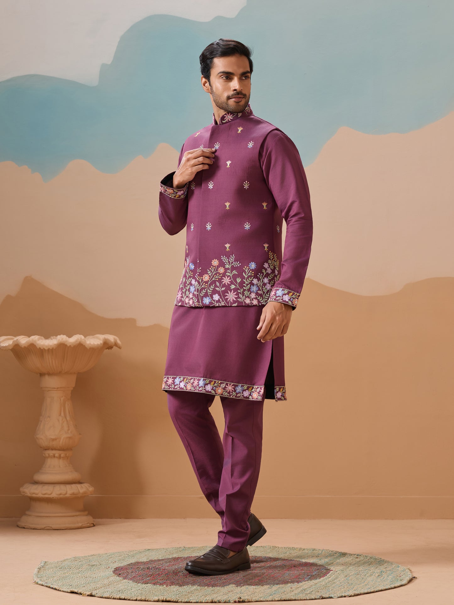 "The Royal Bloom – Plum Kurta Set for the Modern Maharaja"