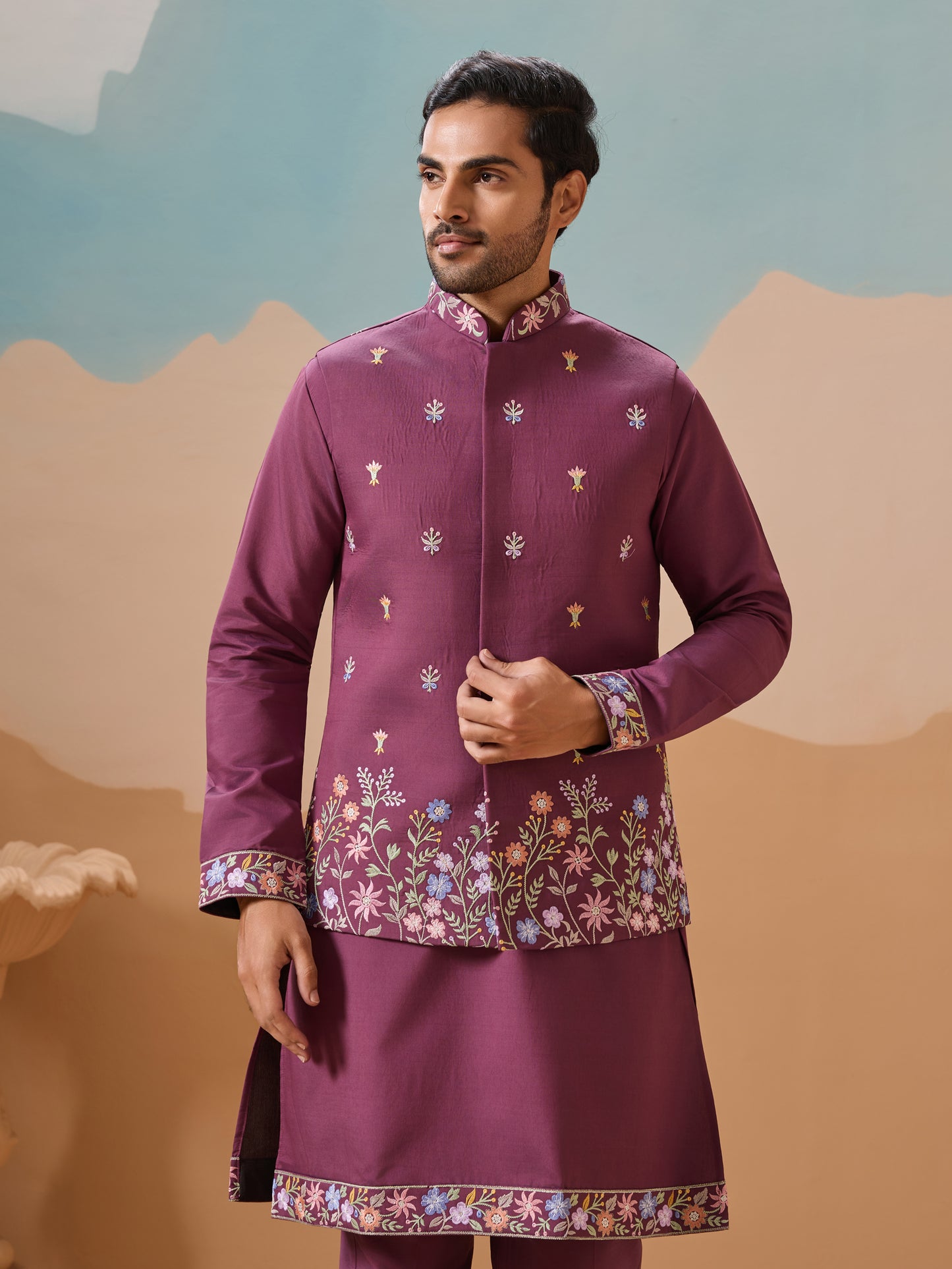 "The Royal Bloom – Plum Kurta Set for the Modern Maharaja"
