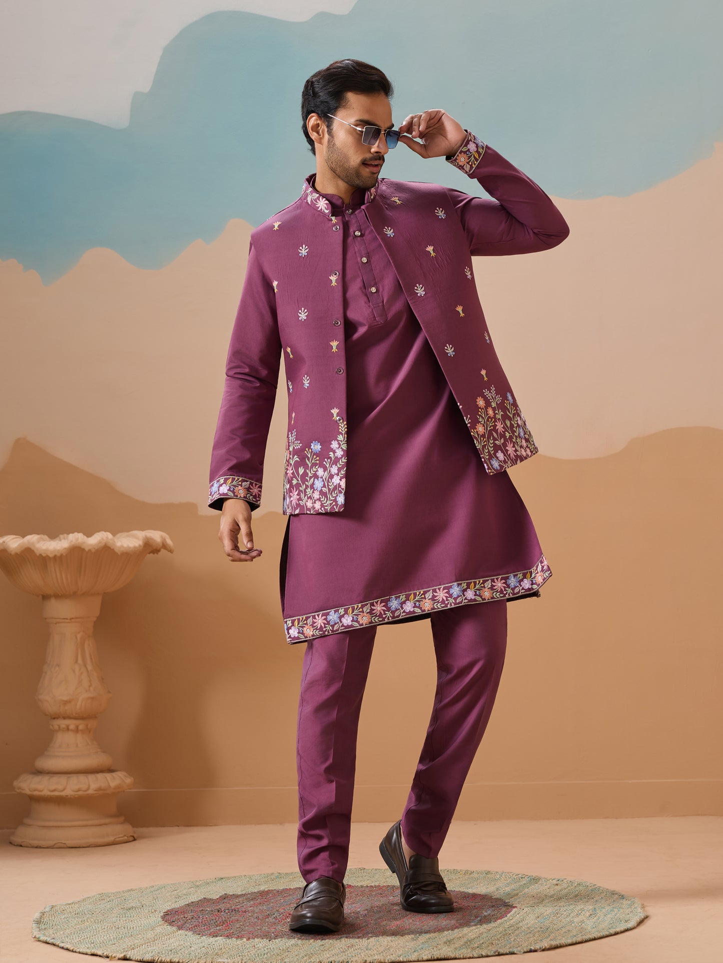 "The Royal Bloom – Plum Kurta Set for the Modern Maharaja"