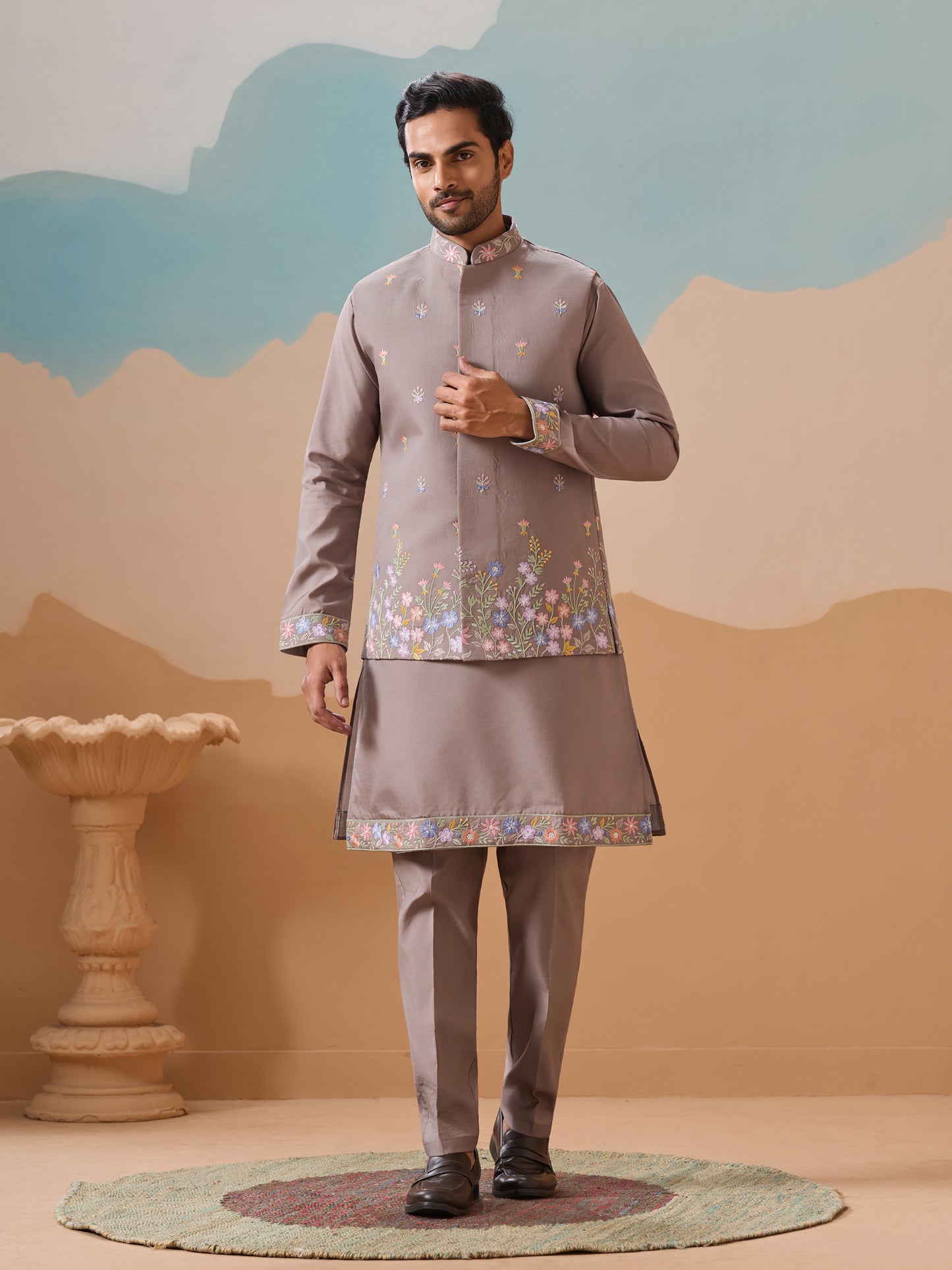Elegant Taupe Floral Embroidered Kurta Set for Men