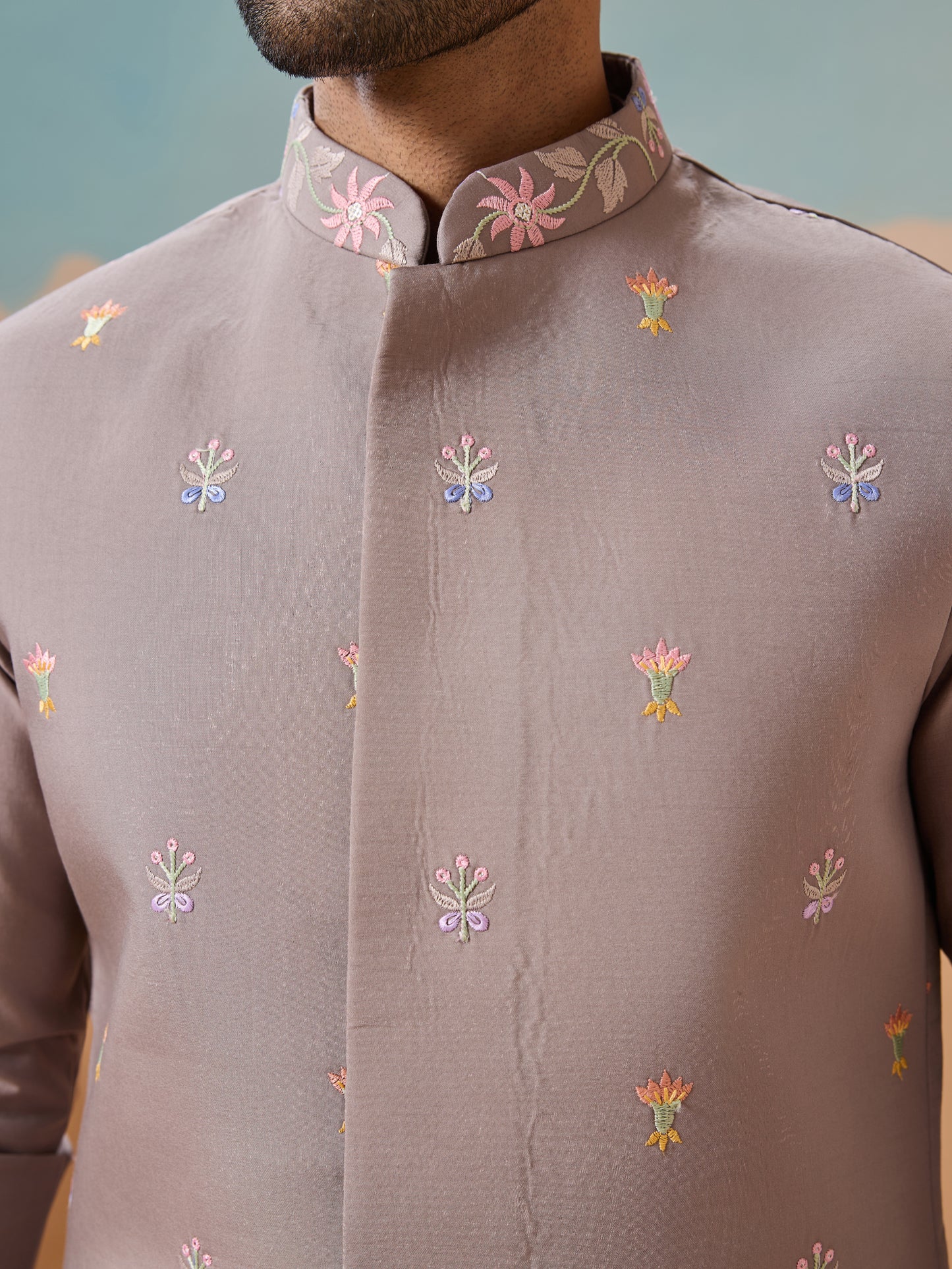 Elegant Taupe Floral Embroidered Kurta Set for Men