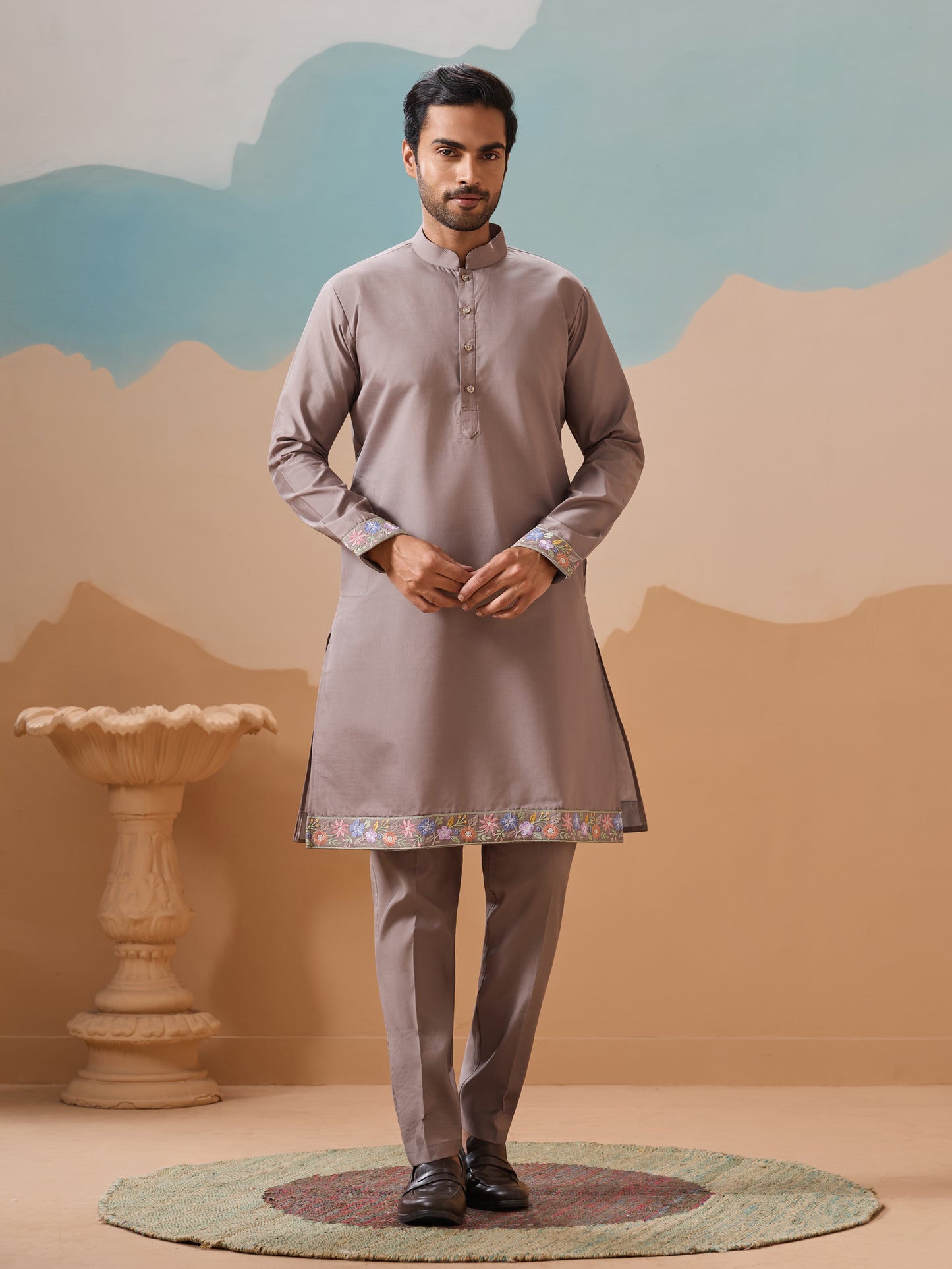 Elegant Taupe Floral Embroidered Kurta Set for Men