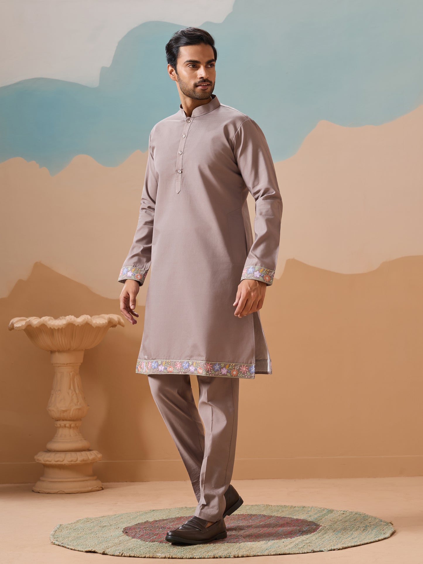 Elegant Taupe Floral Embroidered Kurta Set for Men