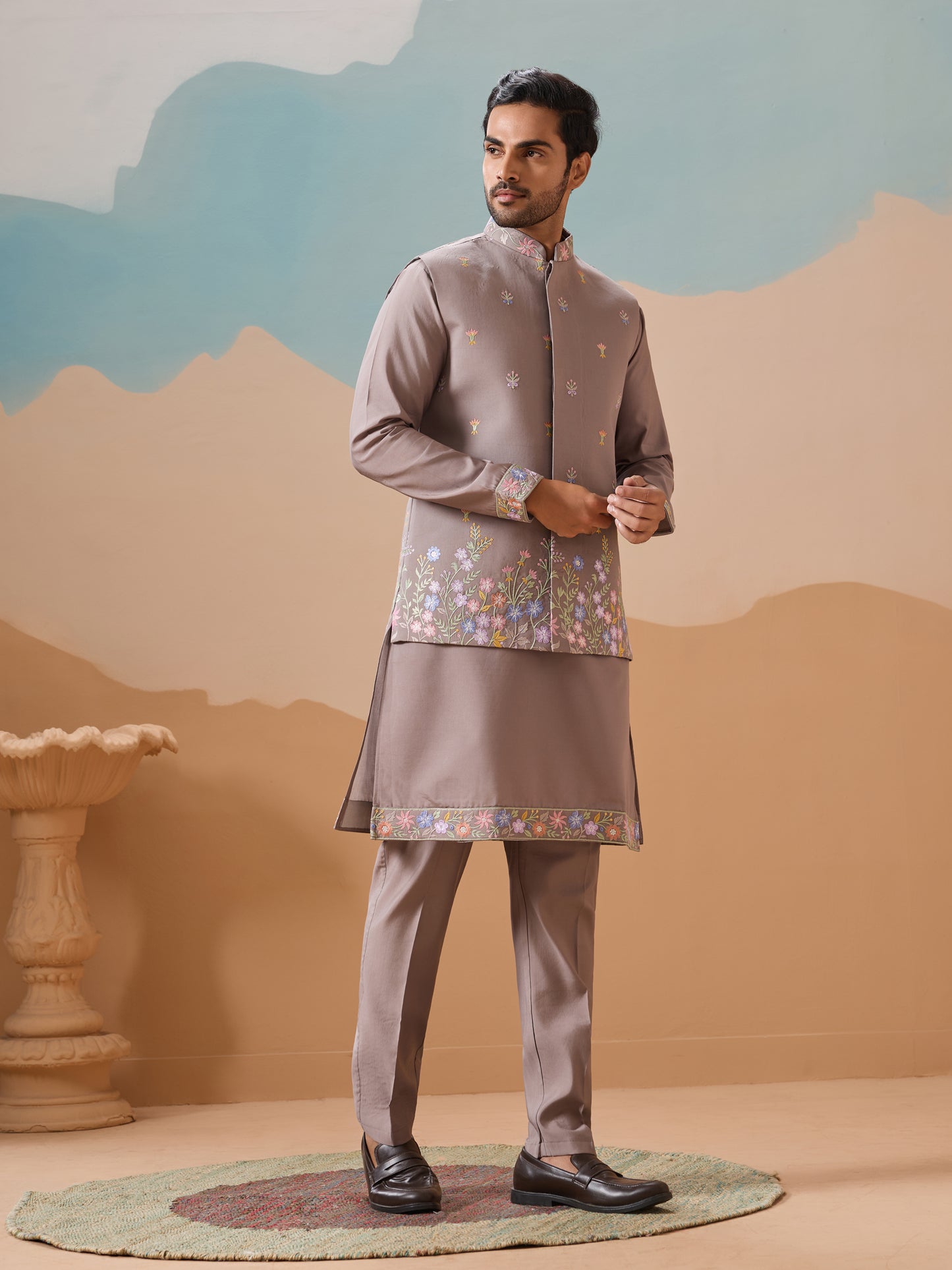 Elegant Taupe Floral Embroidered Kurta Set for Men
