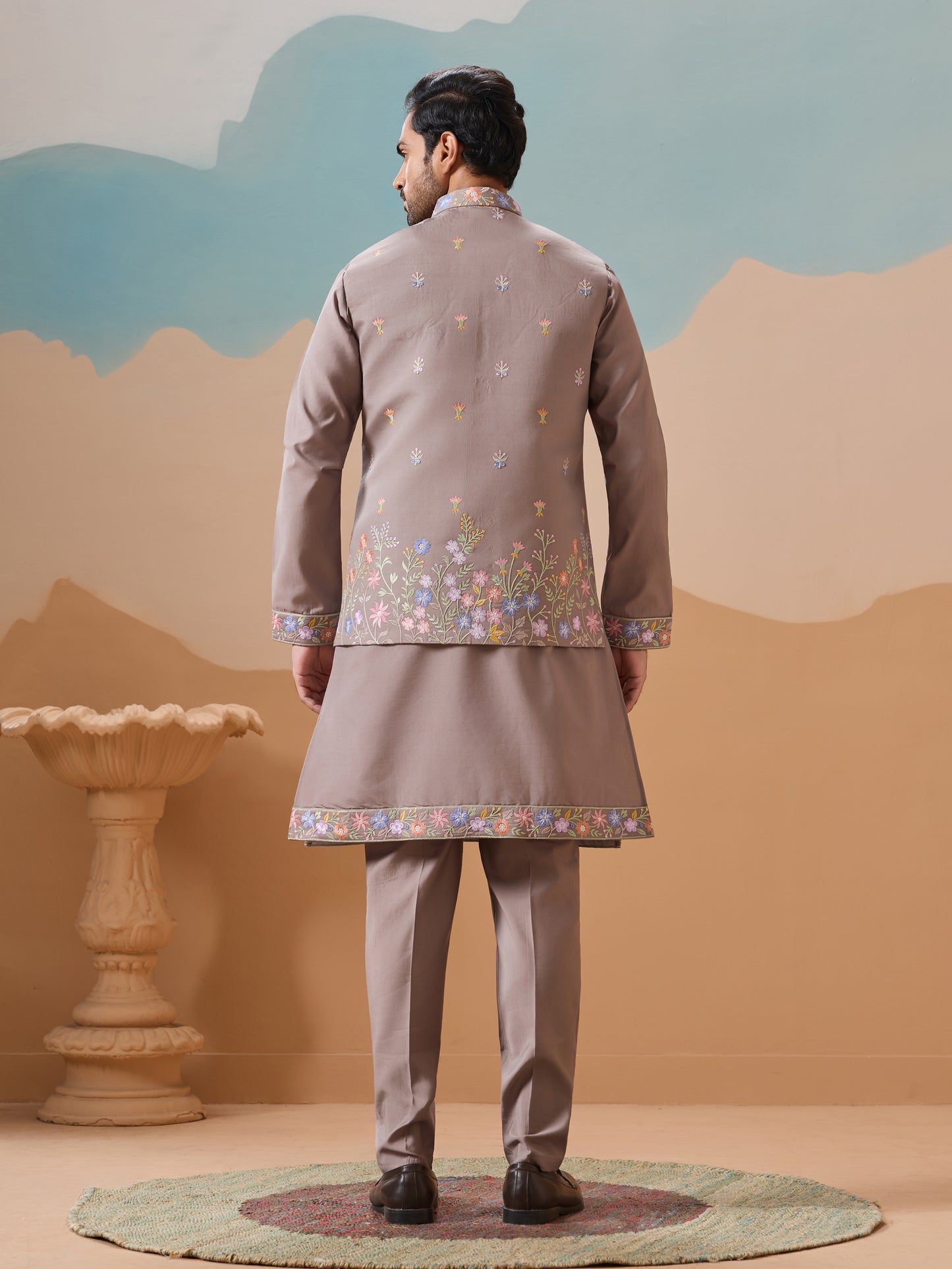 Elegant Taupe Floral Embroidered Kurta Set for Men