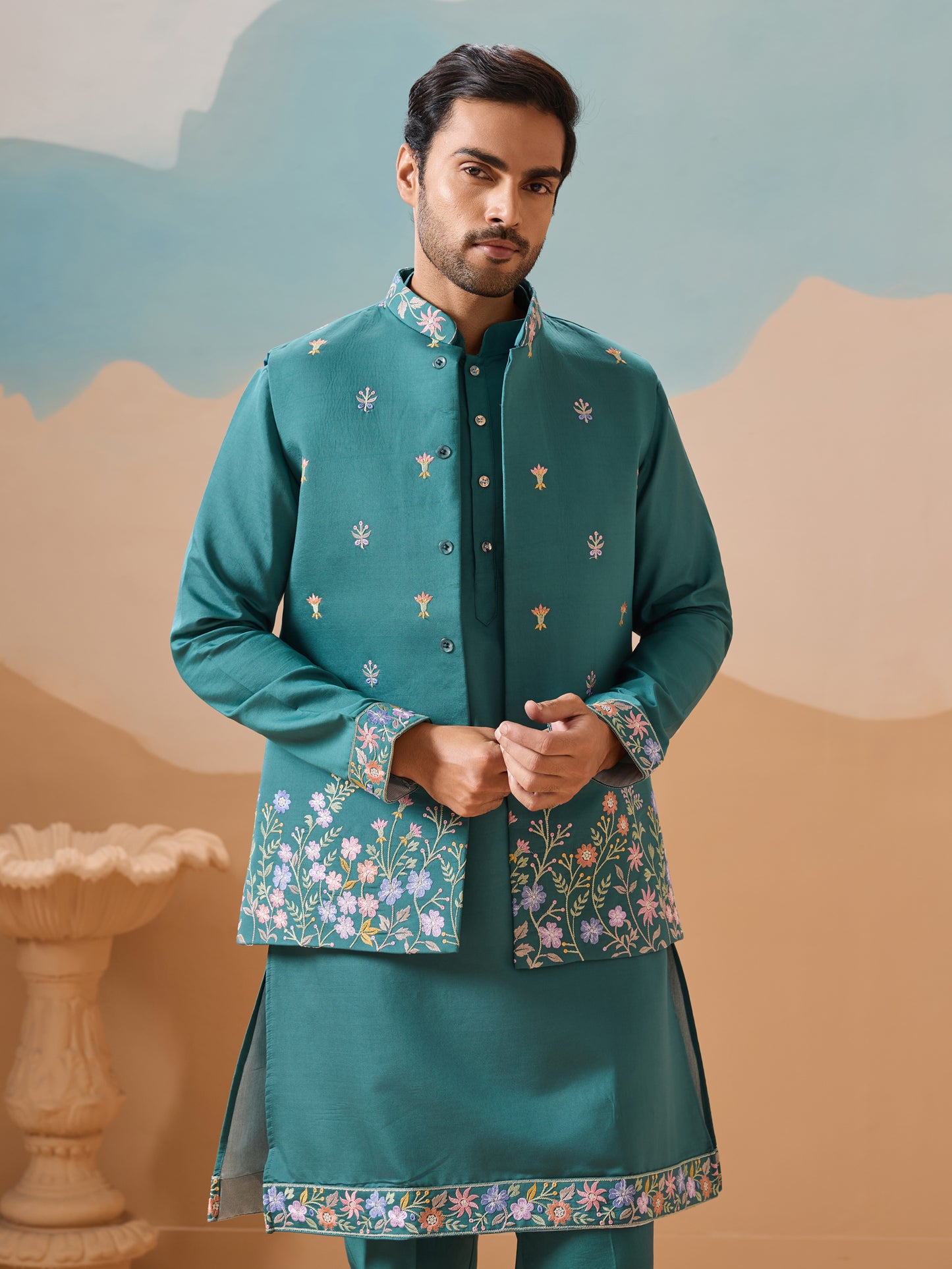 "Teal Bloom - Embroidered Elegance Kurta Set"