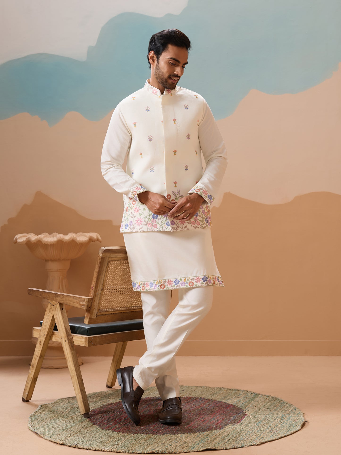 "Moonlit Meadow - Ivory Floral Kurta Set"