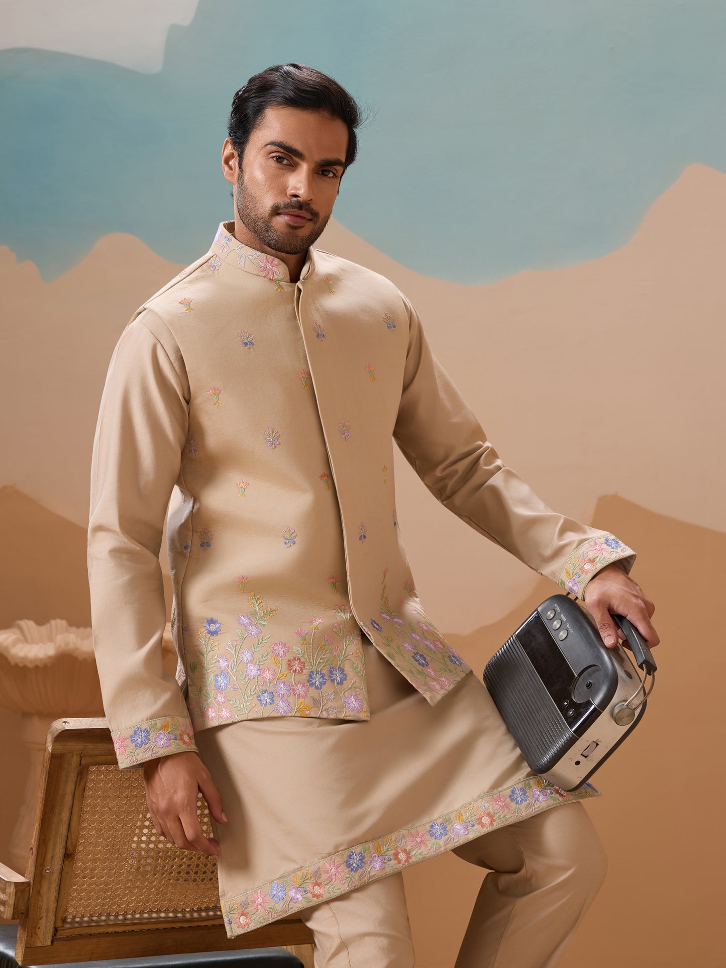 Beige Blossom Embroidered Kurta Set – Modern Regal Charm