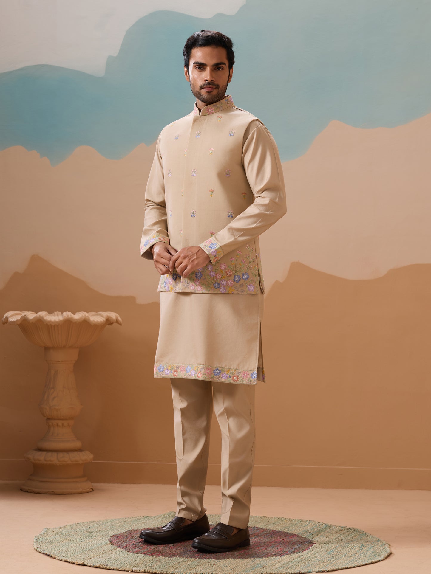 Beige Blossom Embroidered Kurta Set – Modern Regal Charm