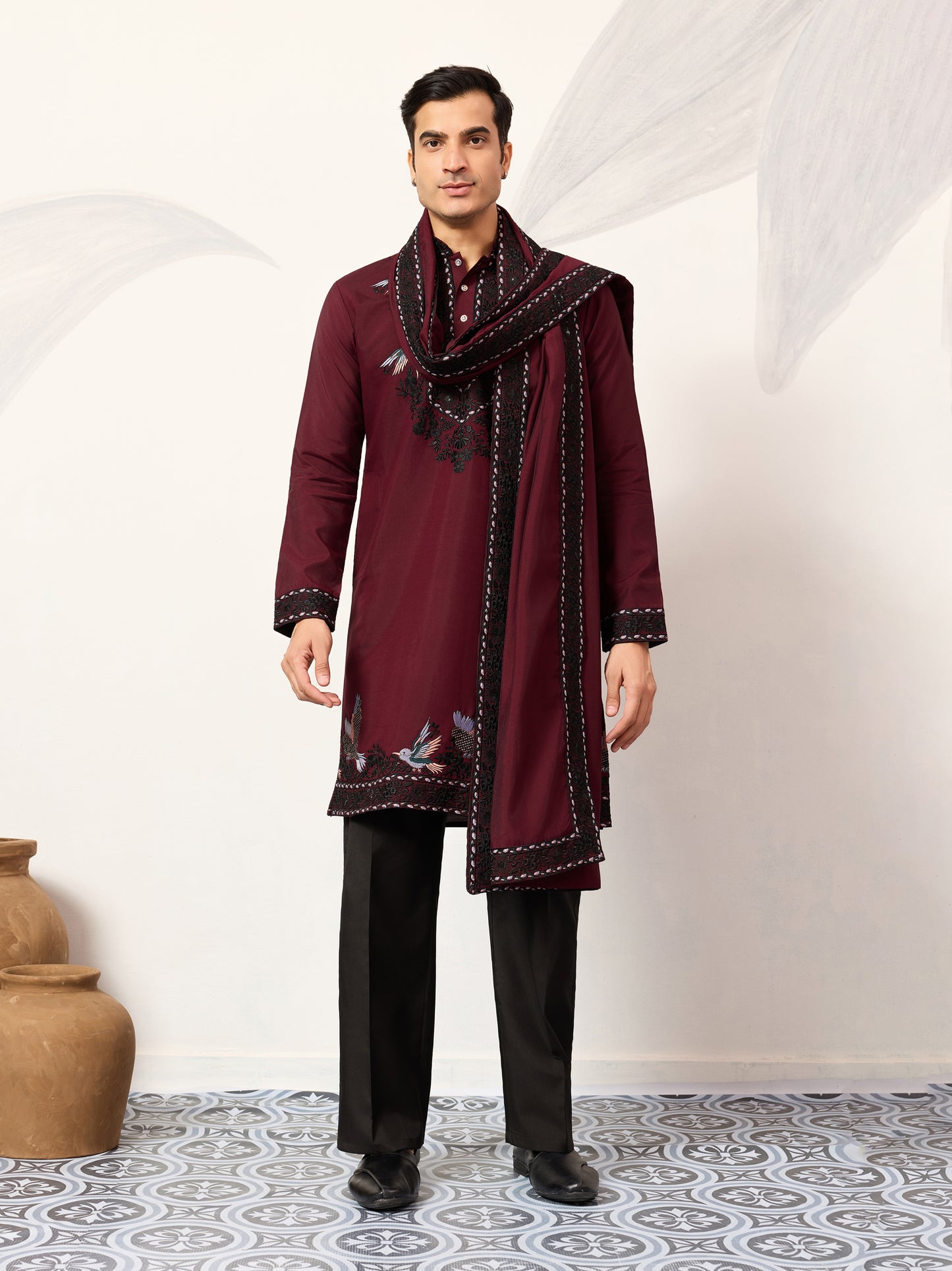 Royal Maroon Embroidered Kurta with Dupatta