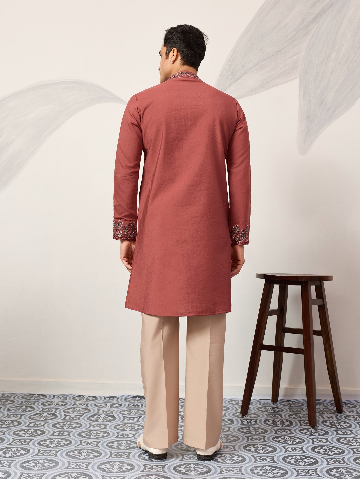 Men’s Orange Embroidered Kurta with Dupatta