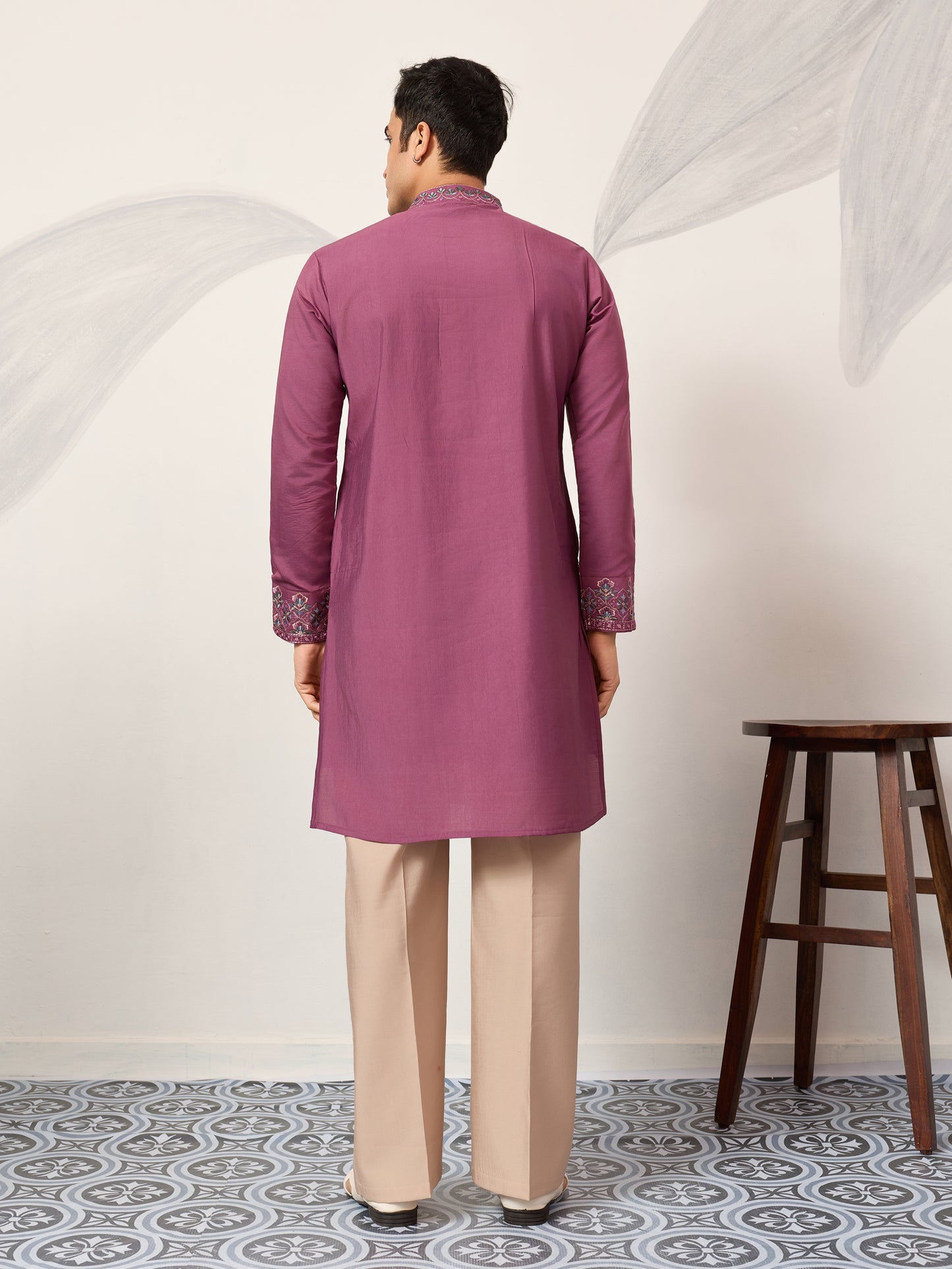 Men’s Wine Embroidered Kurta Set with Dupatta