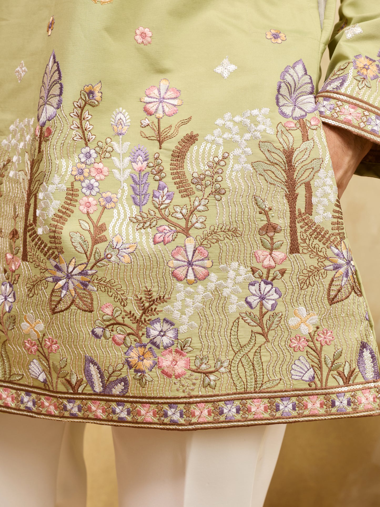 Olive Green Floral Embroidered Kurta Set for Men – Premium Festive & Wedding Wear