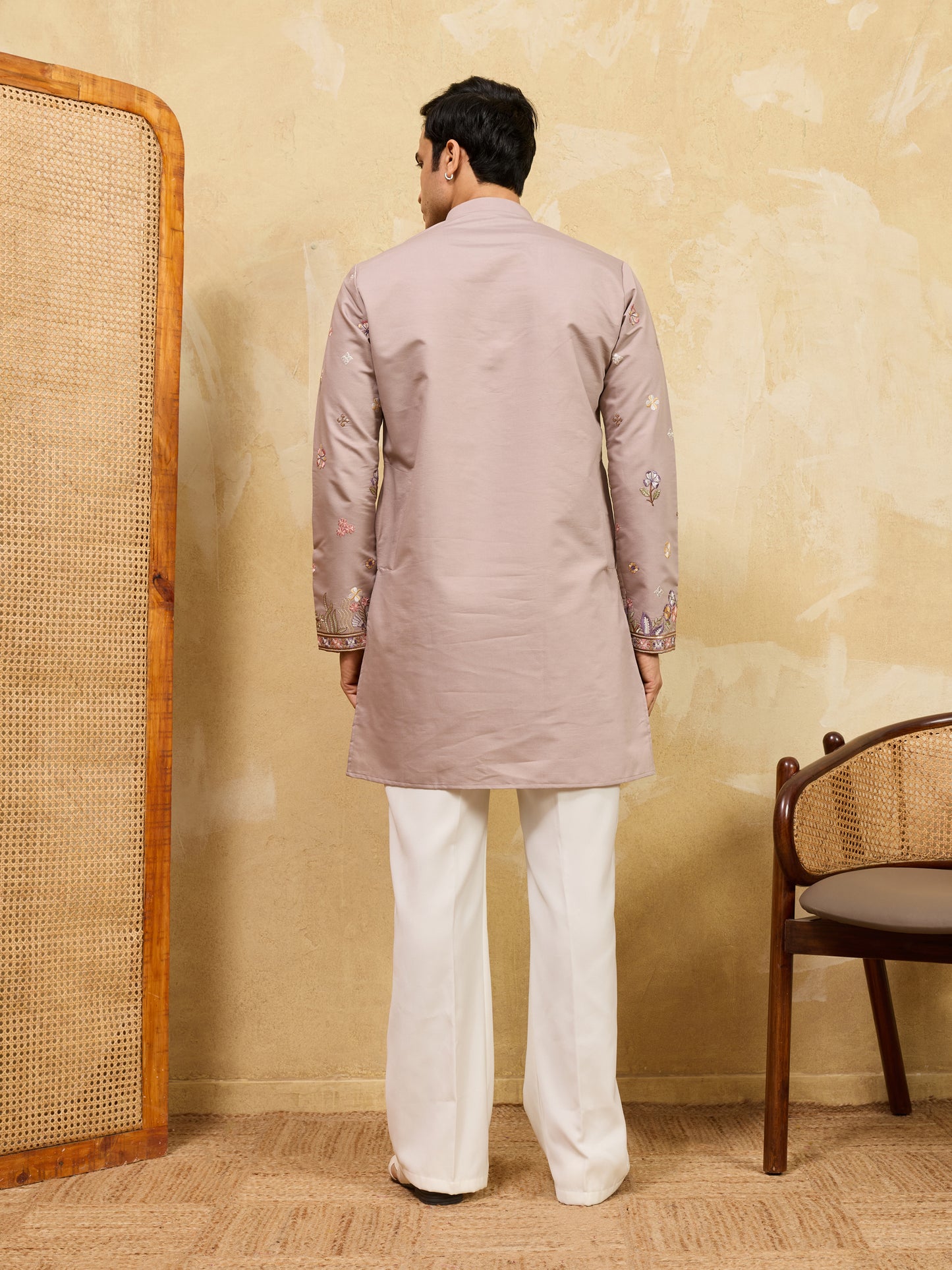 Dusty Rose Floral Embroidered Kurta Set for Men – Elegant Wedding & Festive Ethnic Wear