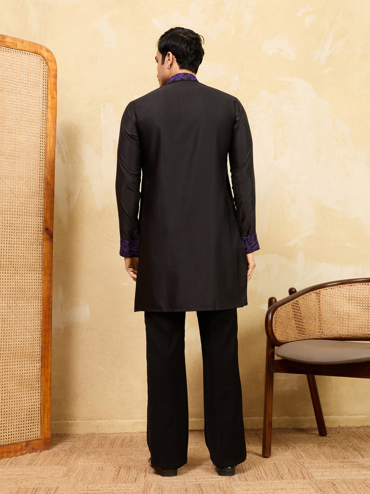 Royal Black Khadi Silk Kurta for Men with Regal Purple Embroidery – Designer Festive & Wedding Wear