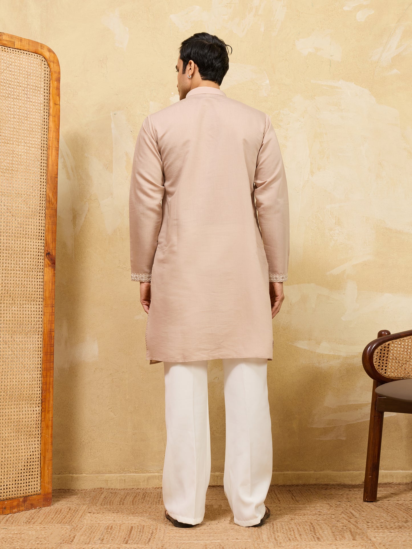 Desert Sand Royale Kurta – Premium Beige Silk Kurta with Elegant Floral Embroidery
