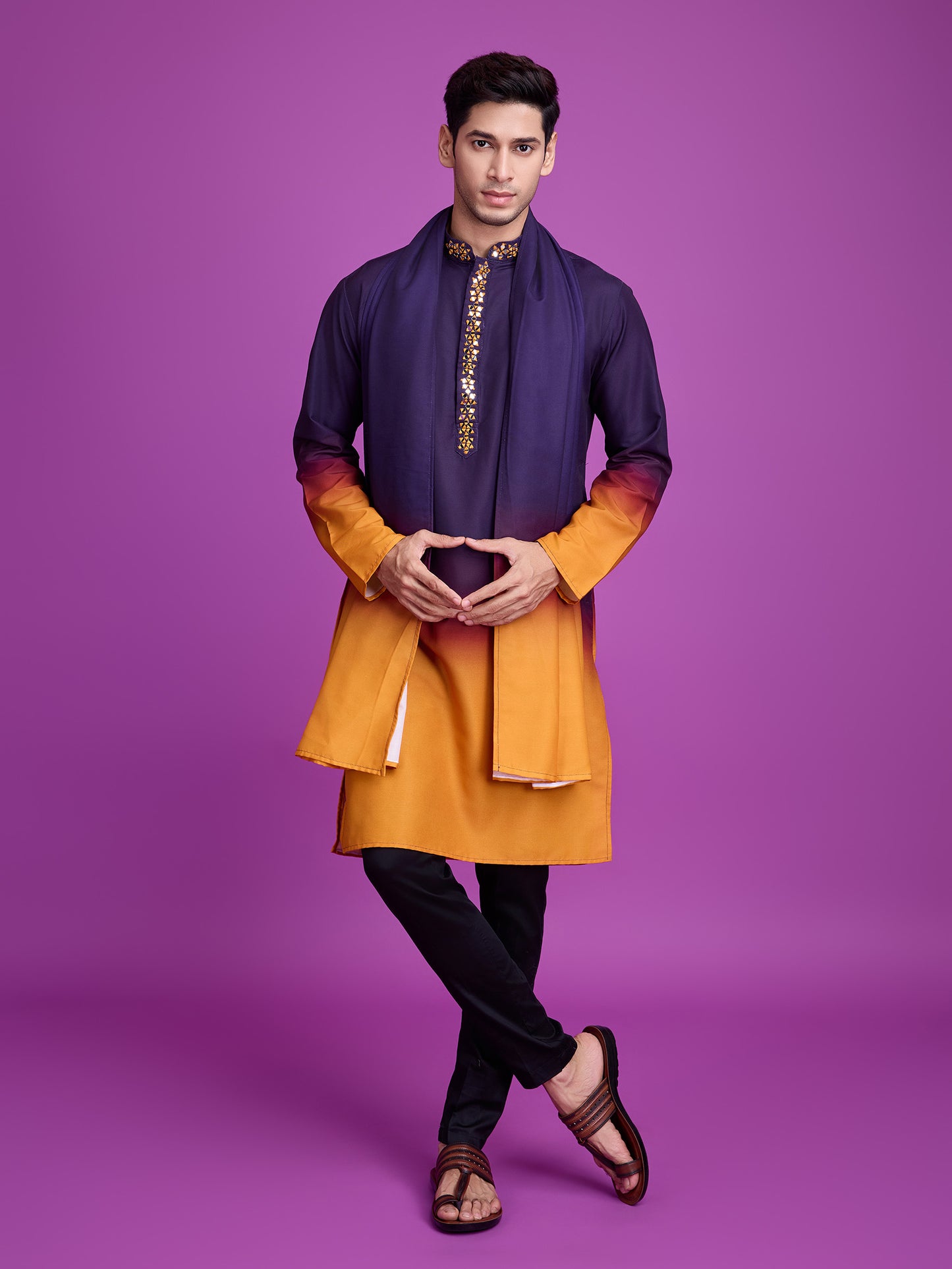 Royal Purple & Mustard Ombre Kurta with Mirror Work Detailing