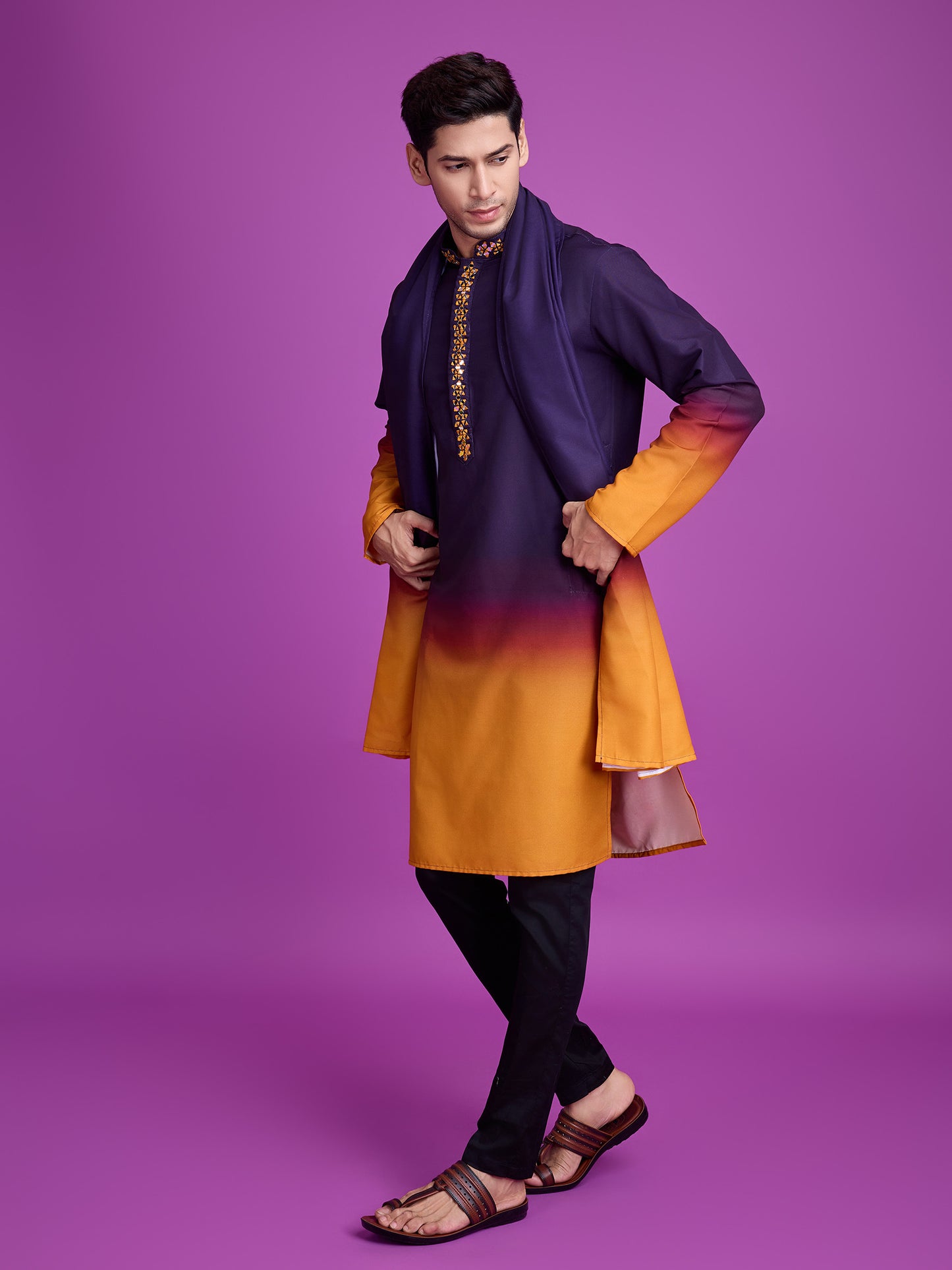 Royal Purple & Mustard Ombre Kurta with Mirror Work Detailing
