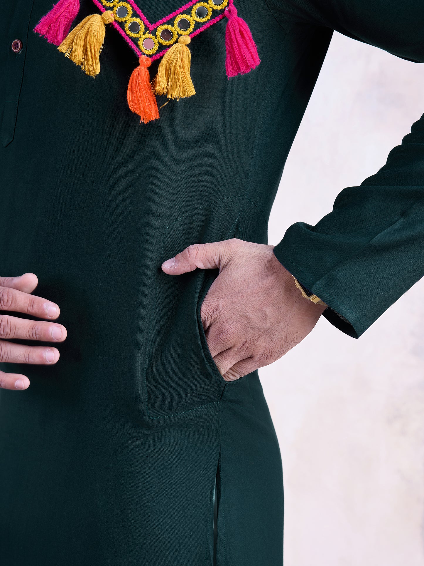 Dark Green Solid Kurta with Embroidered Festive