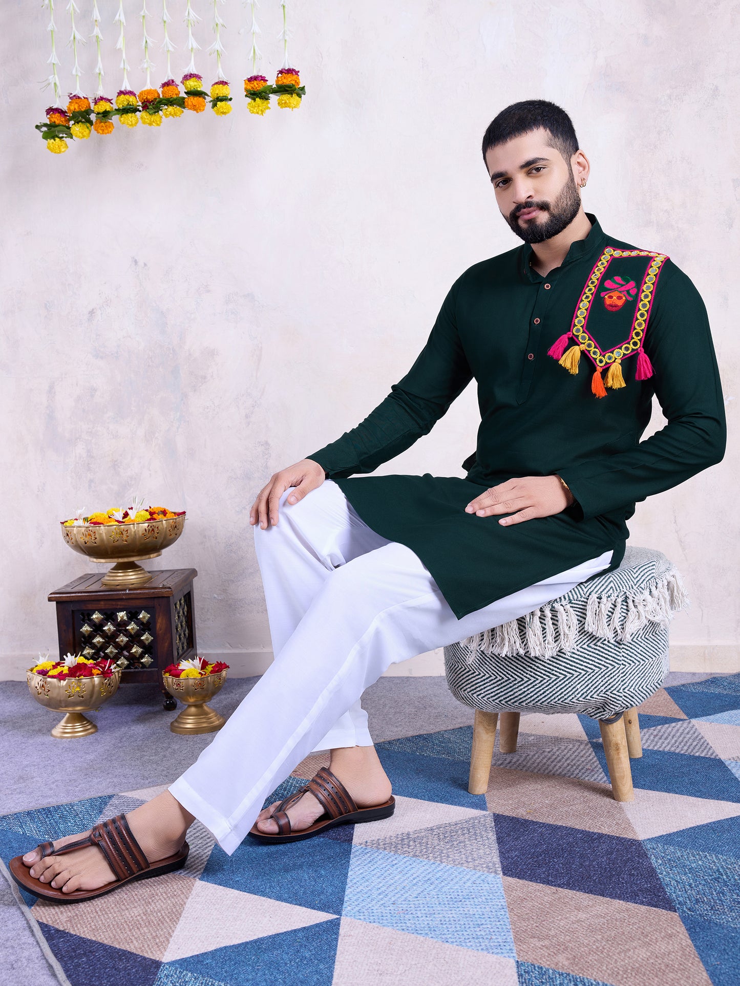 Dark Green Solid Kurta with Embroidered Festive