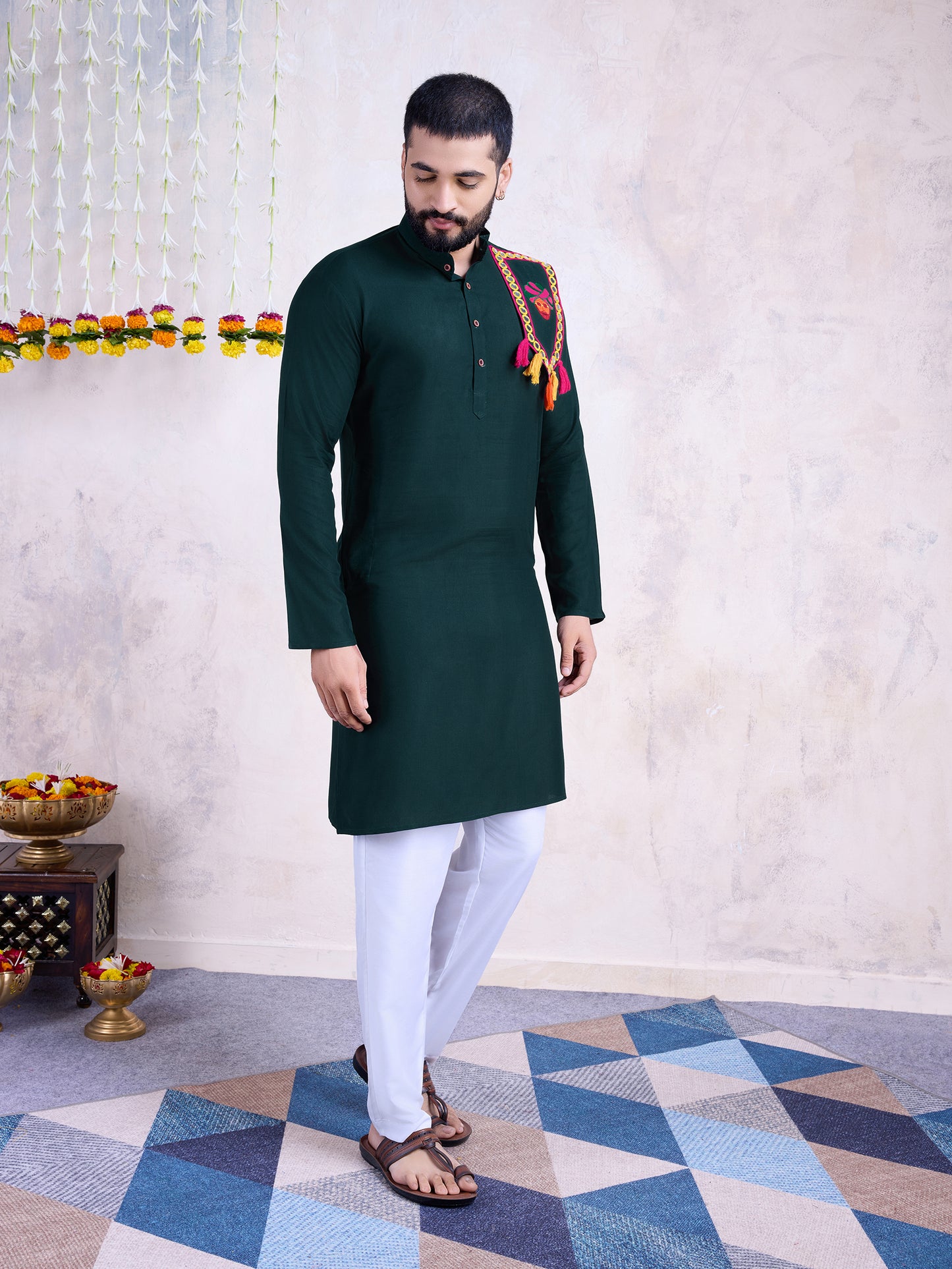 Dark Green Solid Kurta with Embroidered Festive