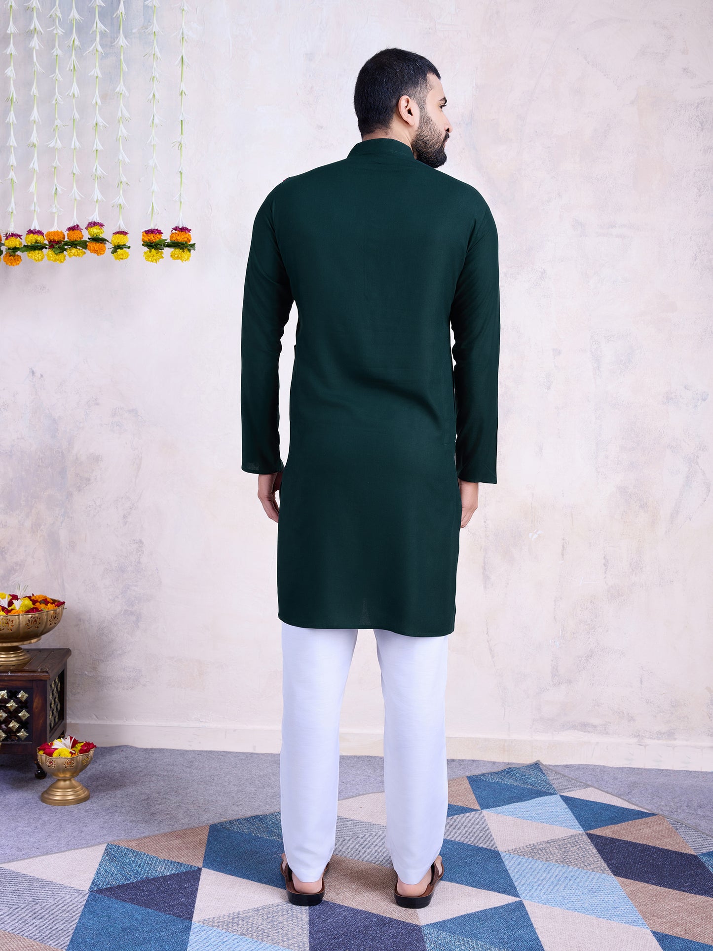 Dark Green Solid Kurta with Embroidered Festive