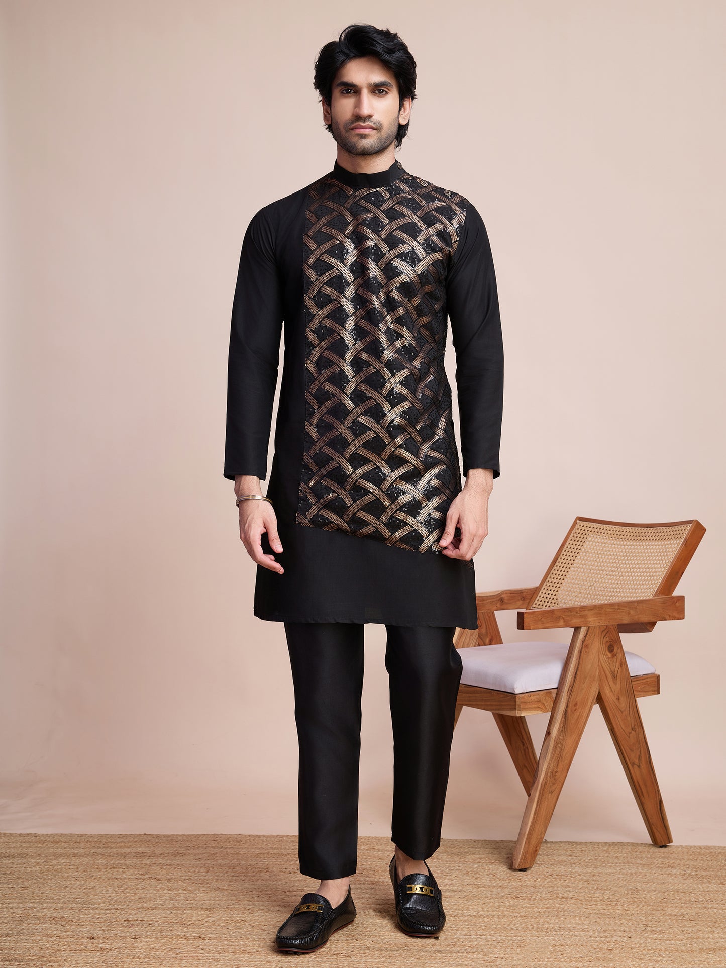 Black Sequined Embroidered Kurta for Men
