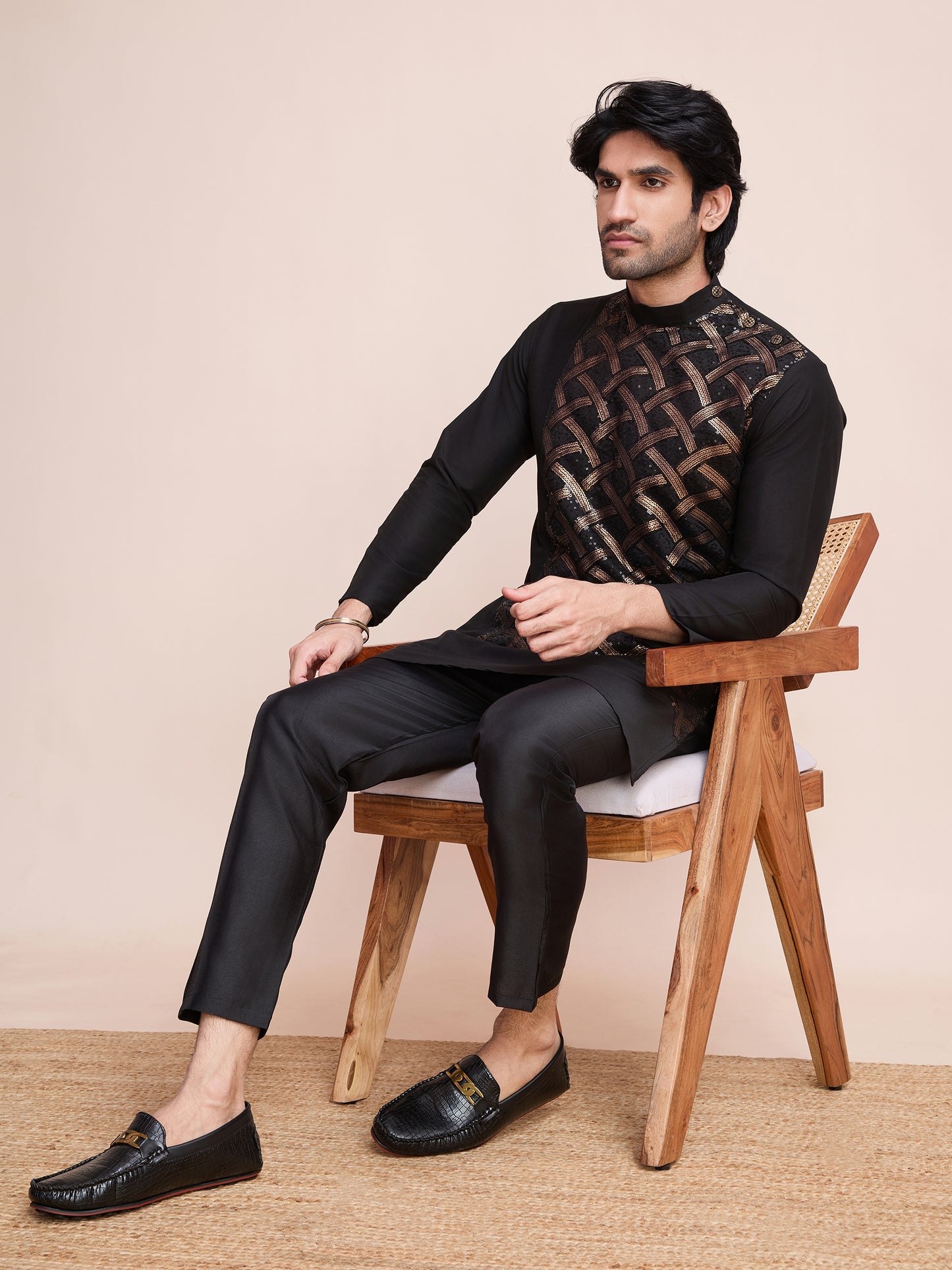 Black Sequined Embroidered Kurta for Men