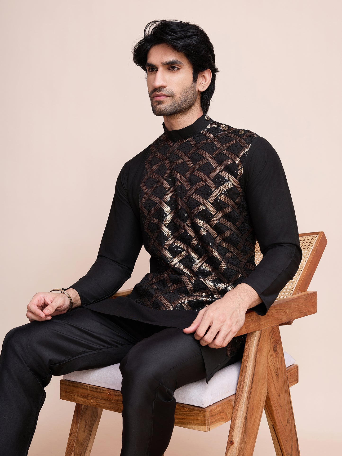 Black Sequined Embroidered Kurta for Men