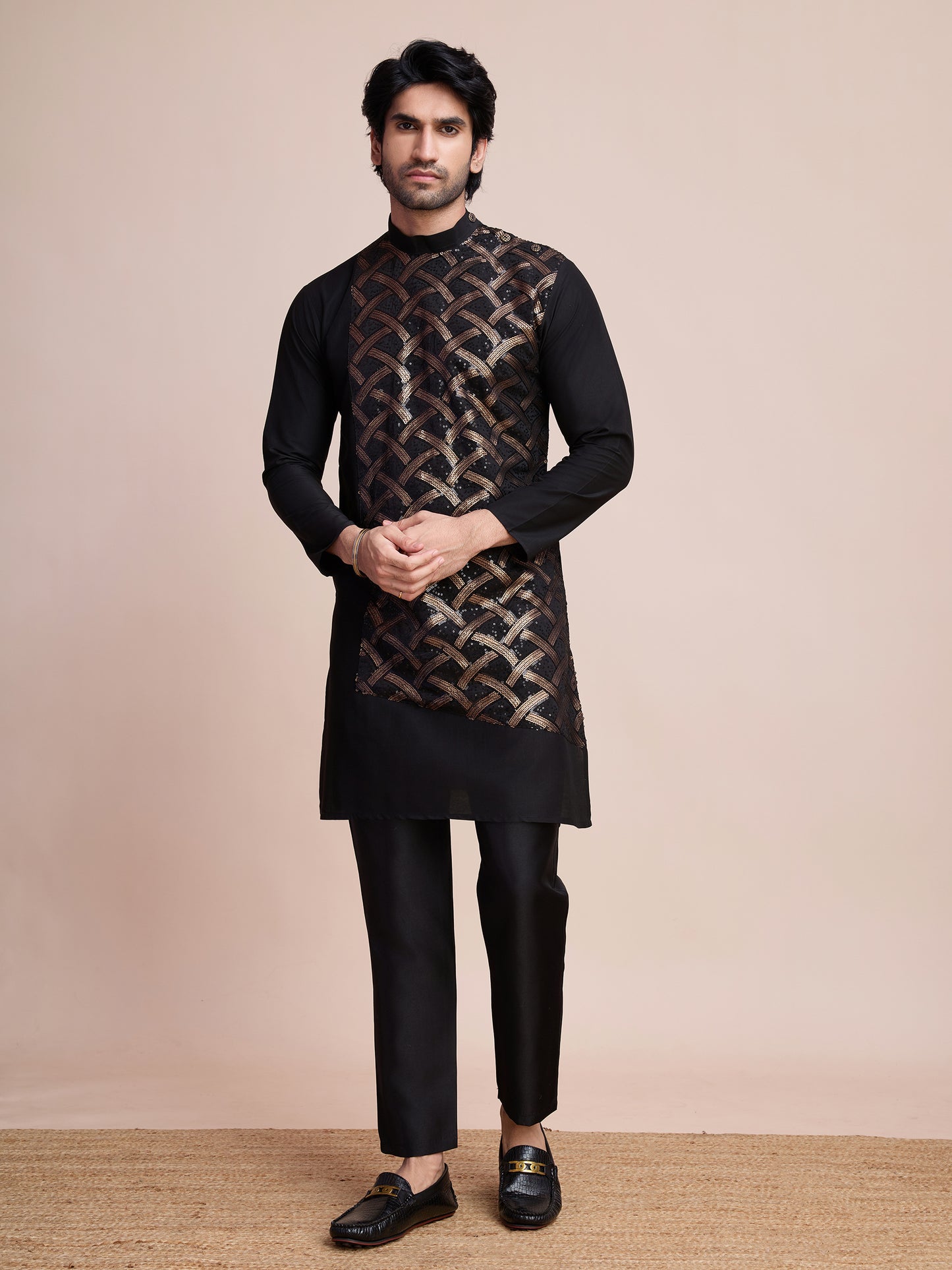 Black Sequined Embroidered Kurta for Men