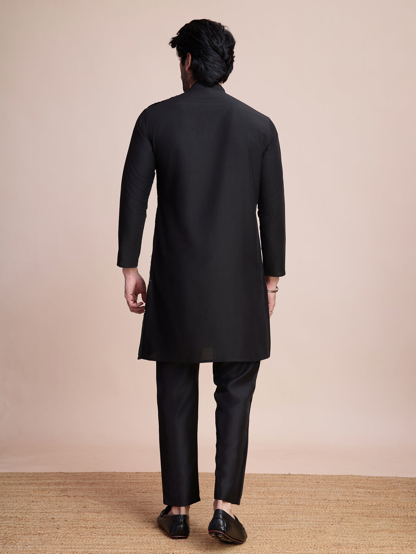 Black Sequined Embroidered Kurta for Men