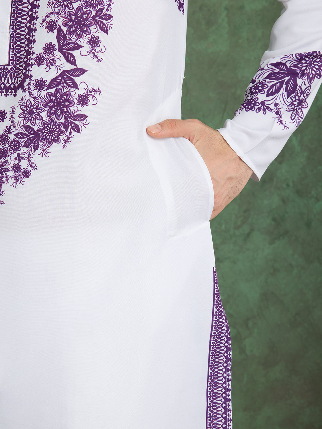 White Kurta with Purple Floral Embroidery for Men