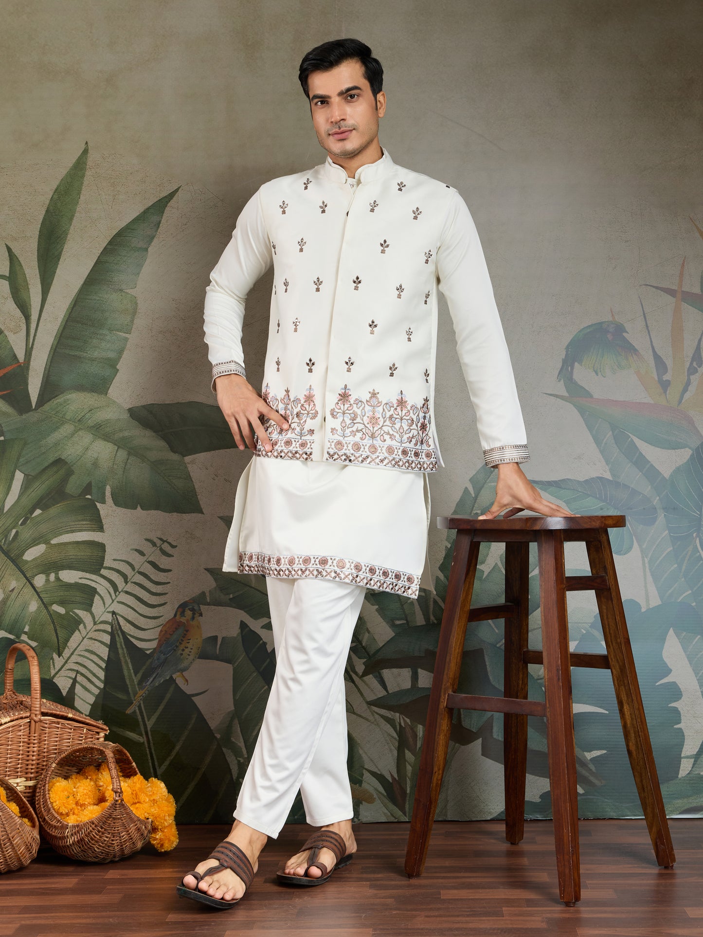 Elegant White Embroidered Kurta Set for Men