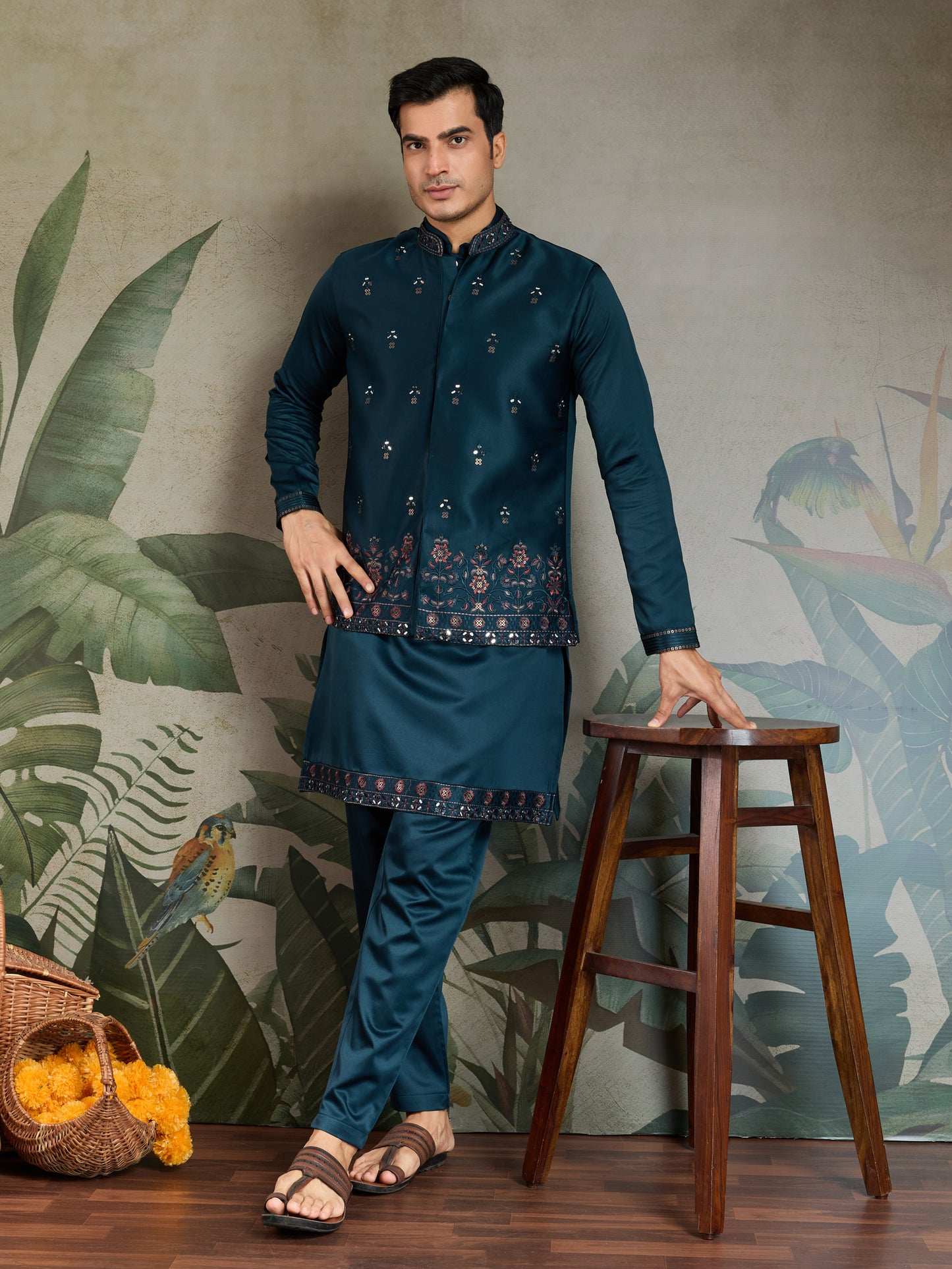 Royal Teal Embroidered Kurta Set for Men