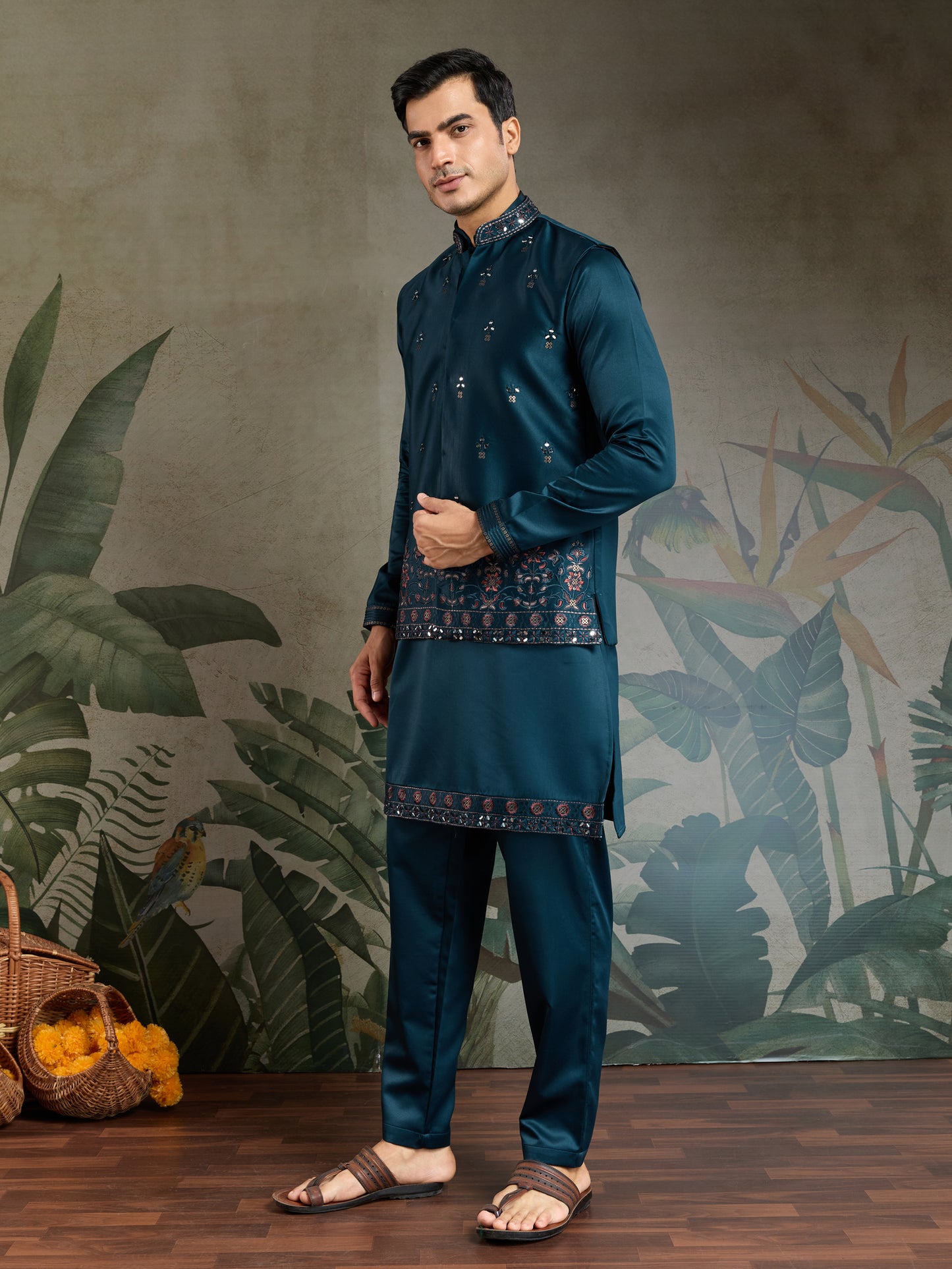 Royal Teal Embroidered Kurta Set for Men