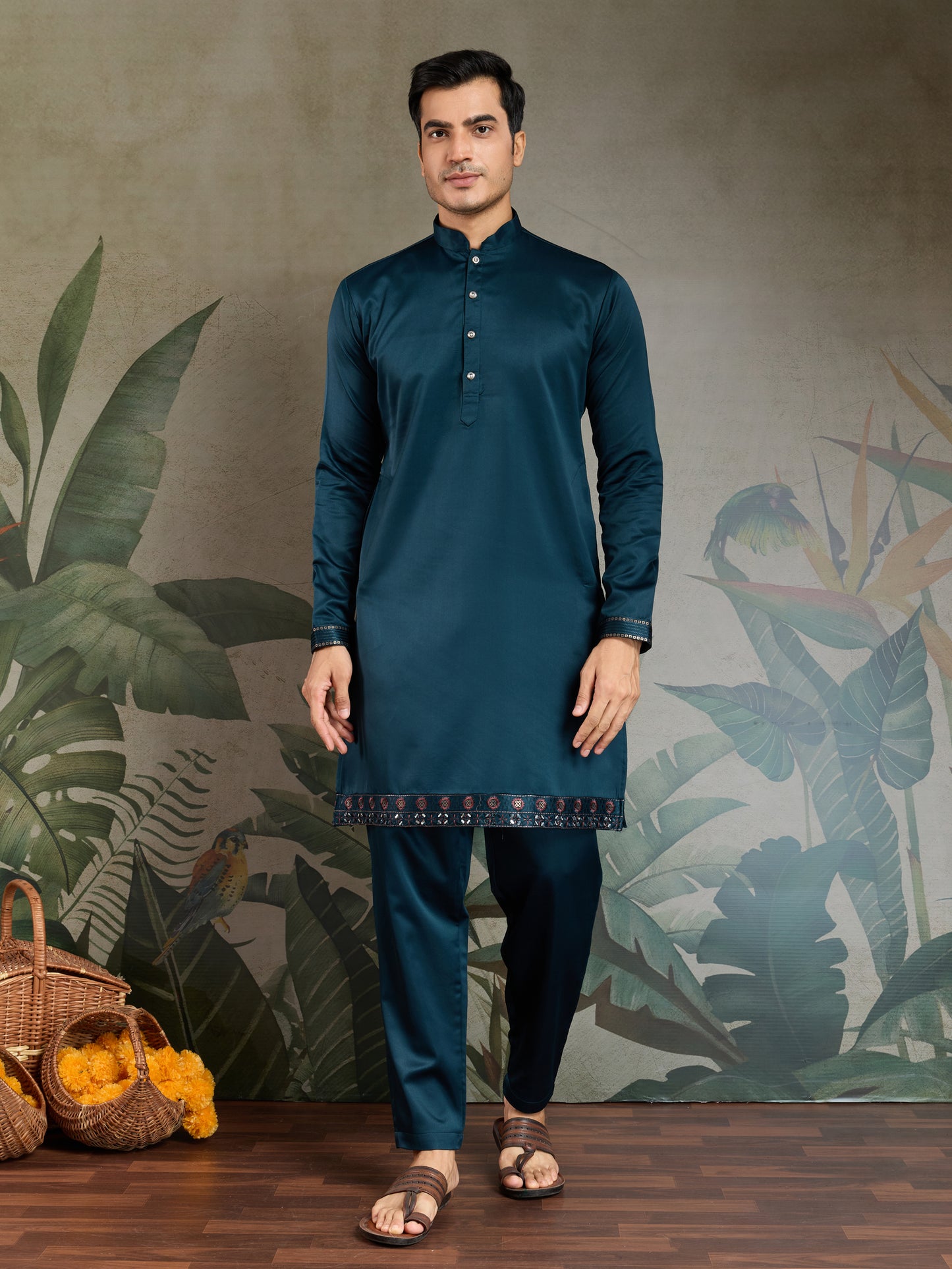 Royal Teal Embroidered Kurta Set for Men