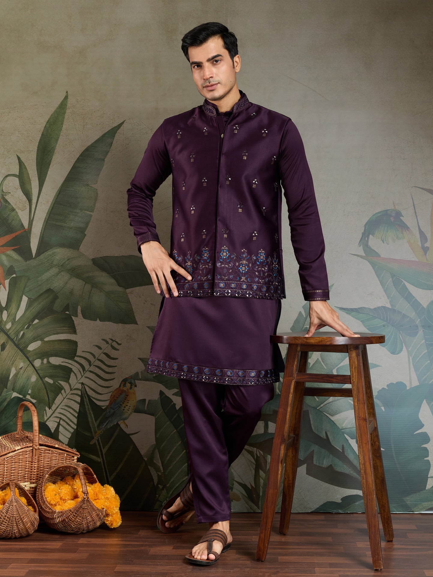 Majestic Plum Embroidered Kurta Set for Men