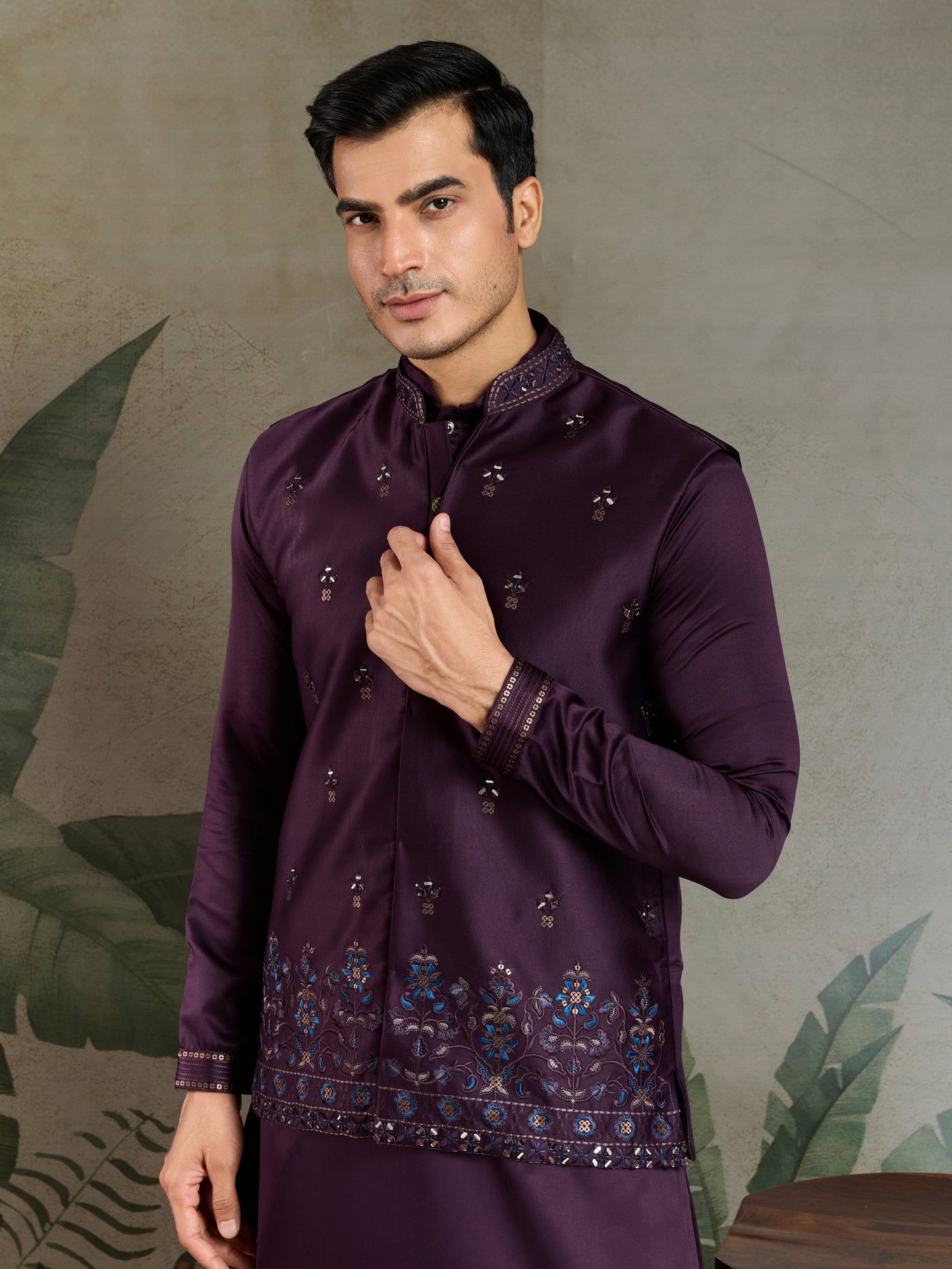 Majestic Plum Embroidered Kurta Set for Men