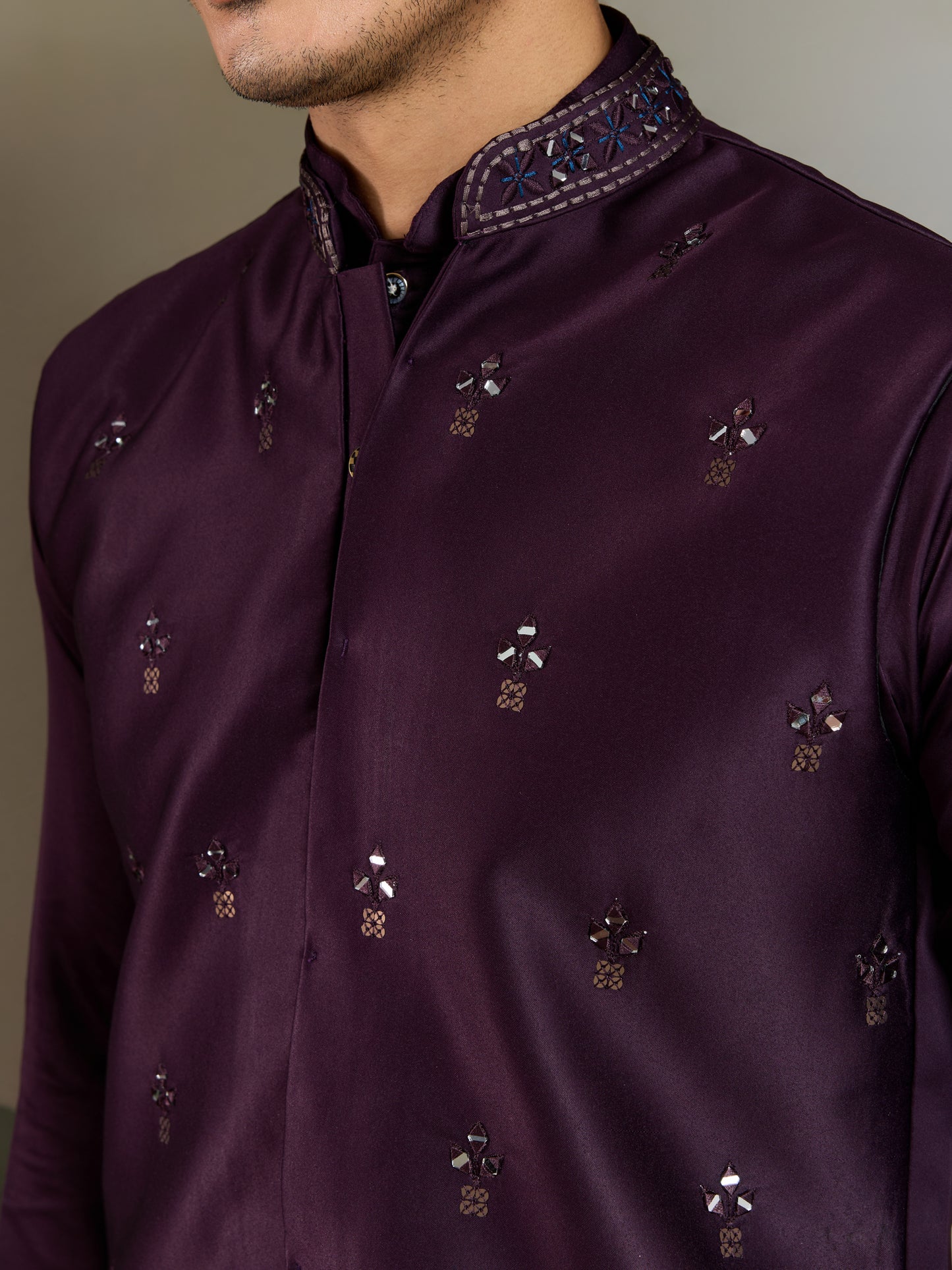 Majestic Plum Embroidered Kurta Set for Men