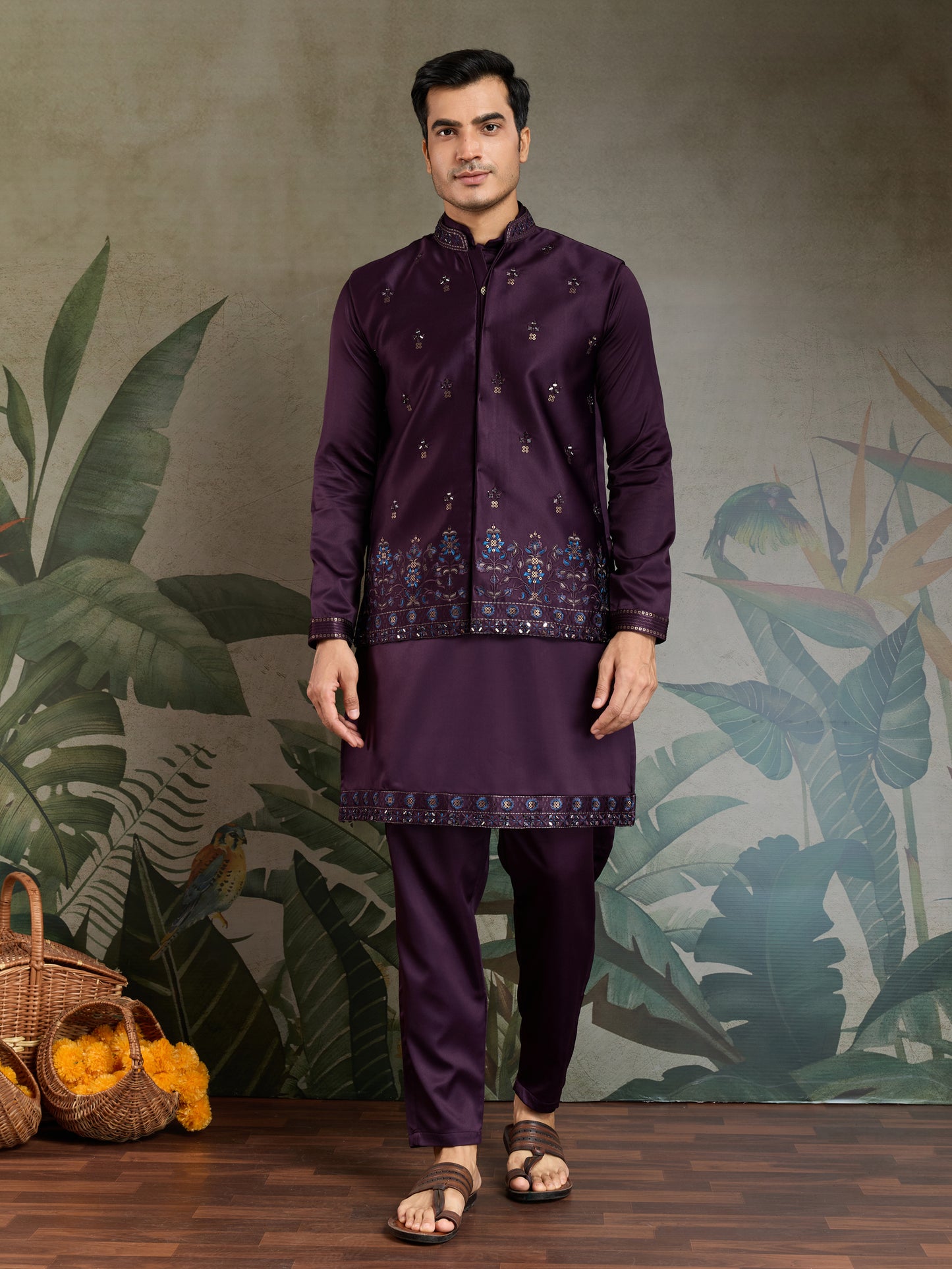 Majestic Plum Embroidered Kurta Set for Men