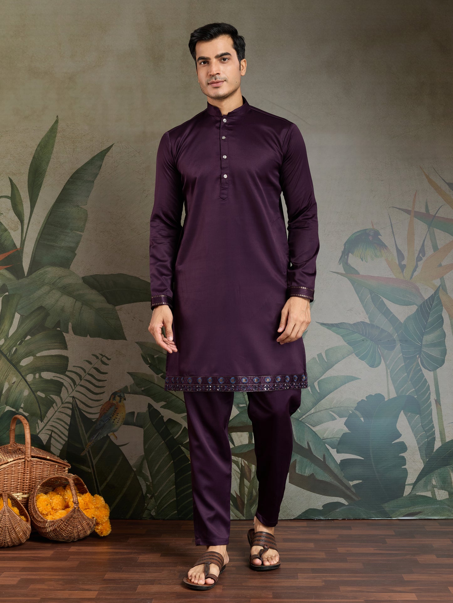 Majestic Plum Embroidered Kurta Set for Men