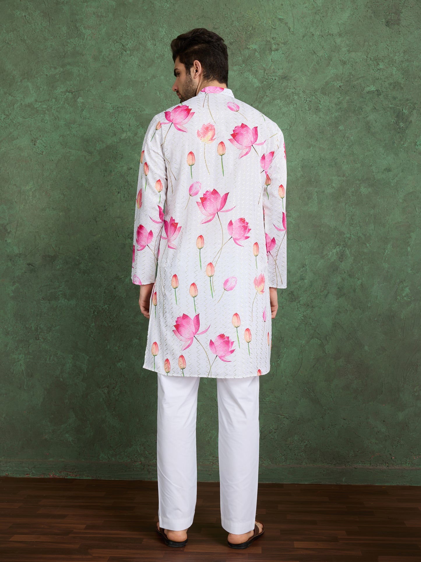White Lotus Print Kurta for Men