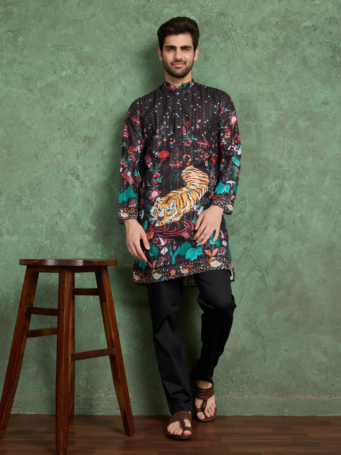 Black Tiger Print Kurta for Men