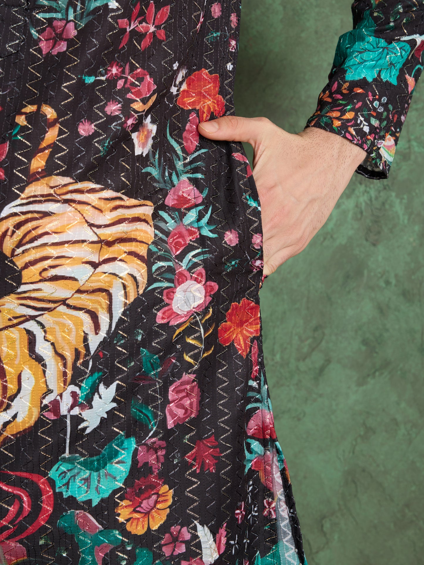 Black Tiger Print Kurta for Men