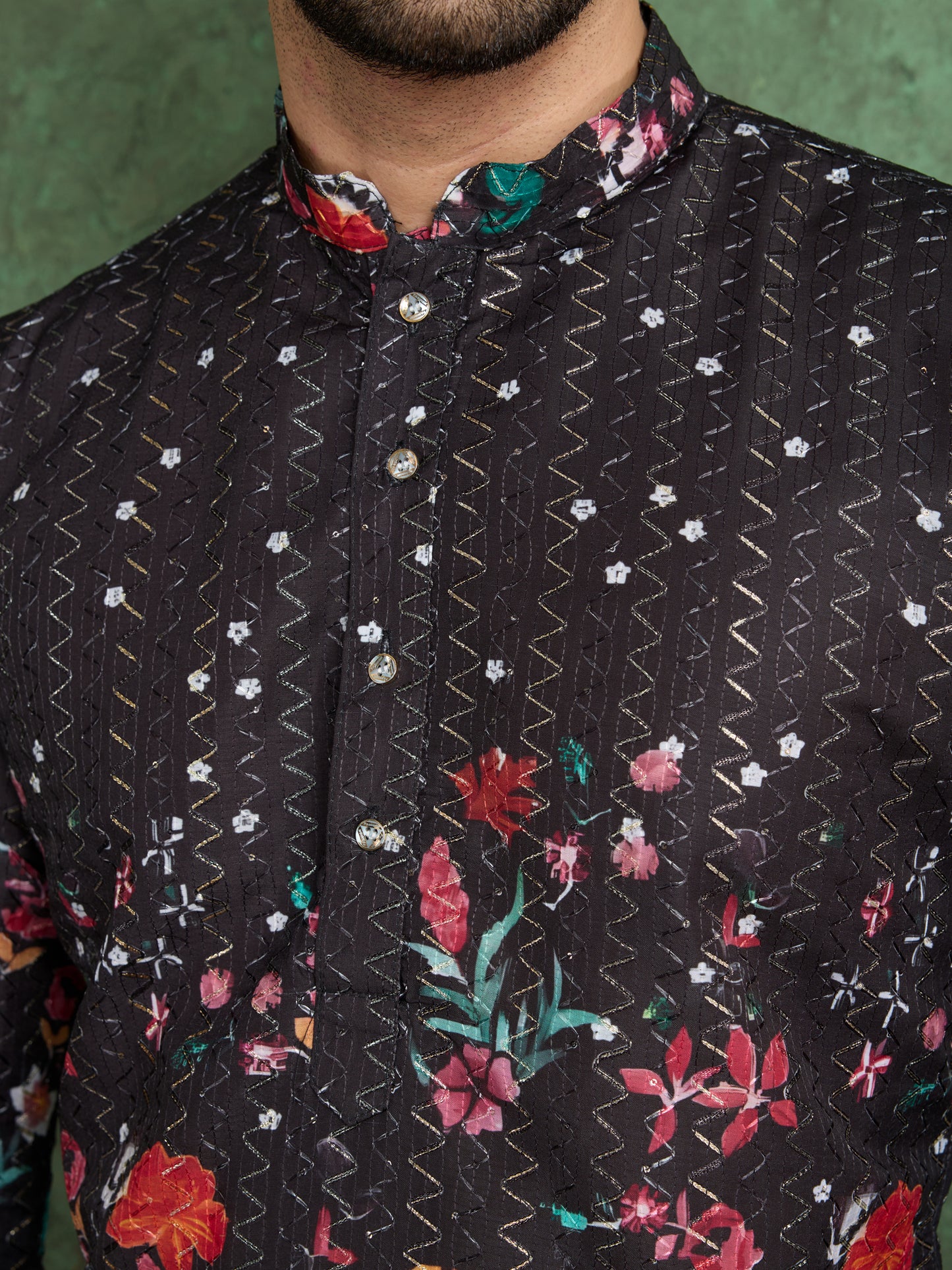 Black Tiger Print Kurta for Men