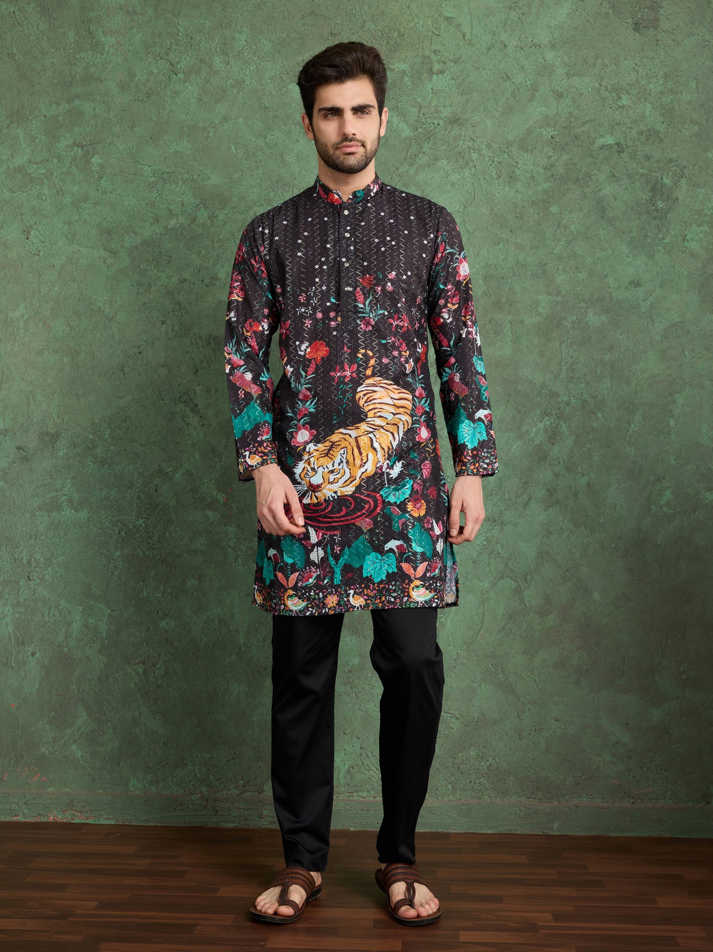 Black Tiger Print Kurta for Men