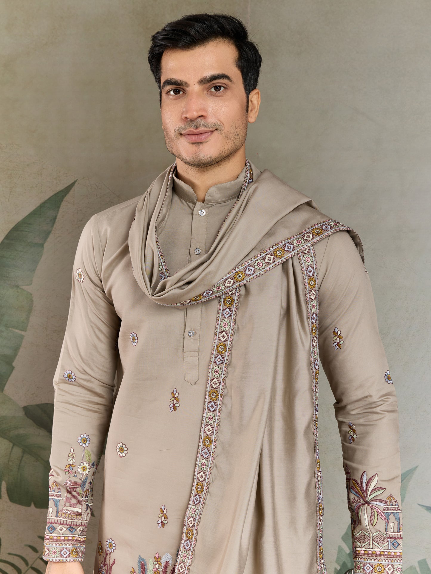 Elegant Beige Embroidered Kurta with Dupatta