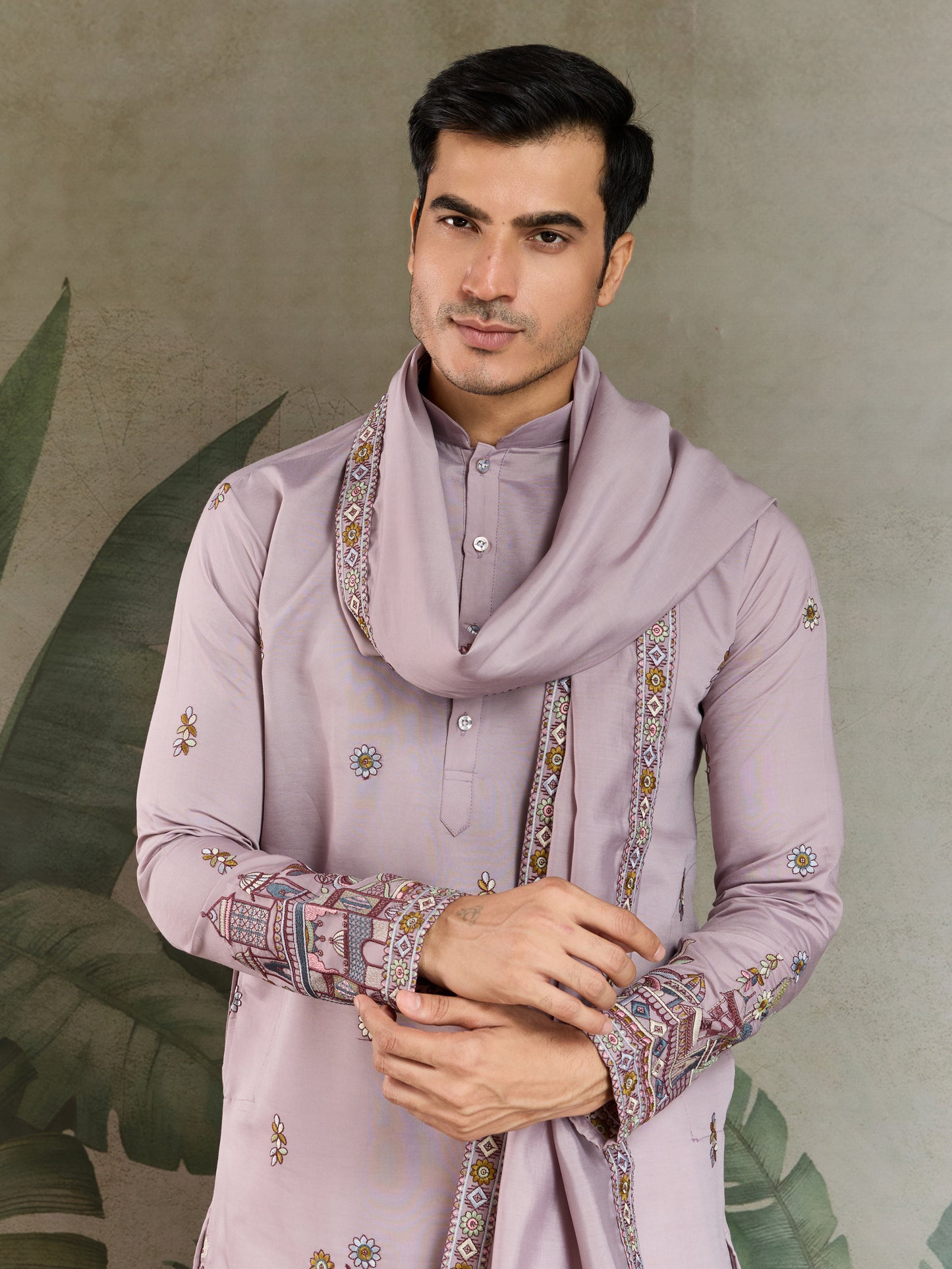 Men's Embroidered Light Purple Kurta Set with Dupatta