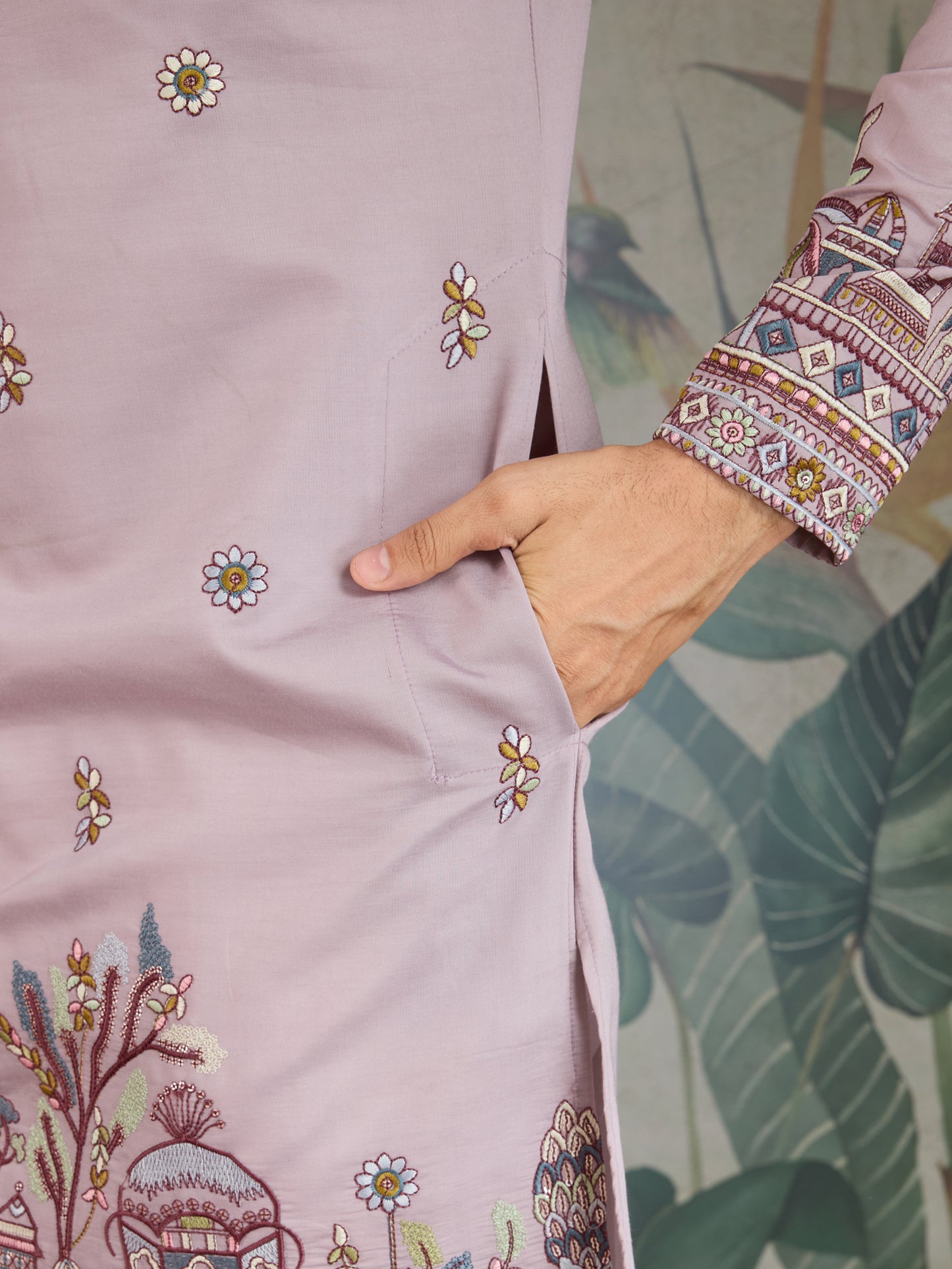 Men's Embroidered Light Purple Kurta Set with Dupatta